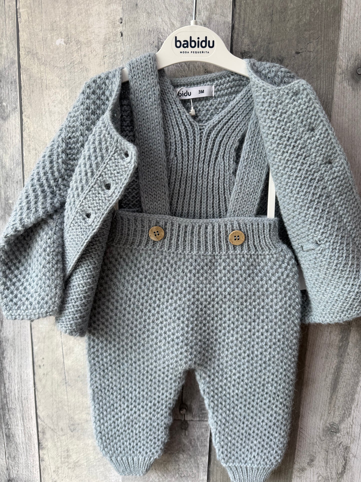 Babidu Baby Boy Knit Blue Set // Pom sweater & knit overalls