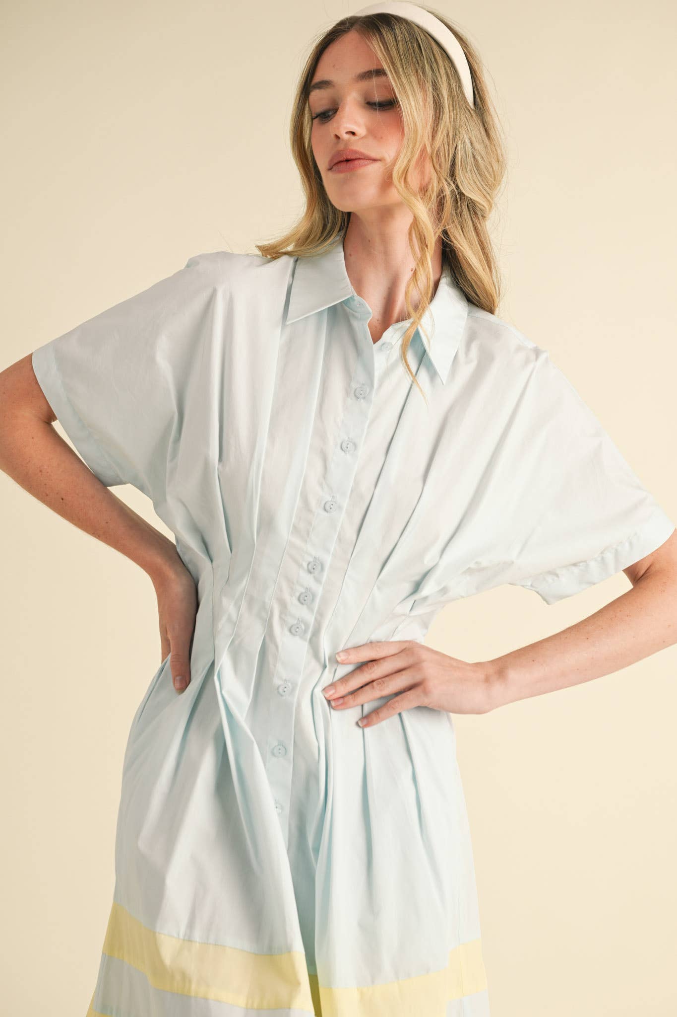 BUTTON DOWN PLEATED WAIST COLOR BLOCK MIDI DRESS