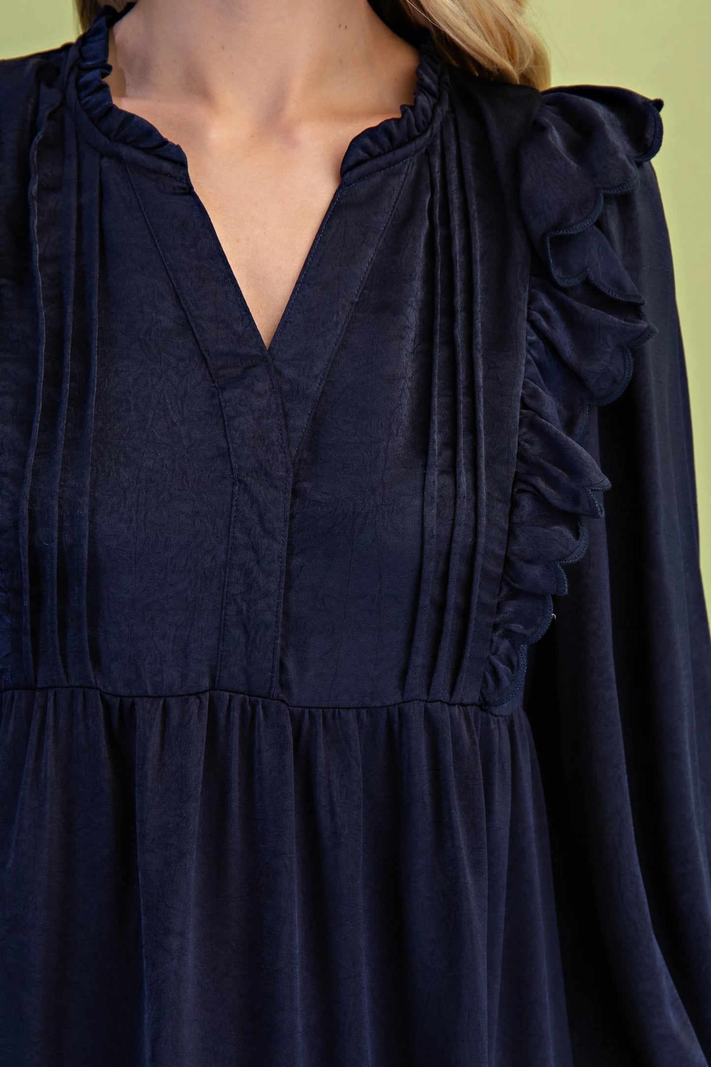 Navy Tiered Midi Dress with Pleating and Scalloped Ruffled Bodice