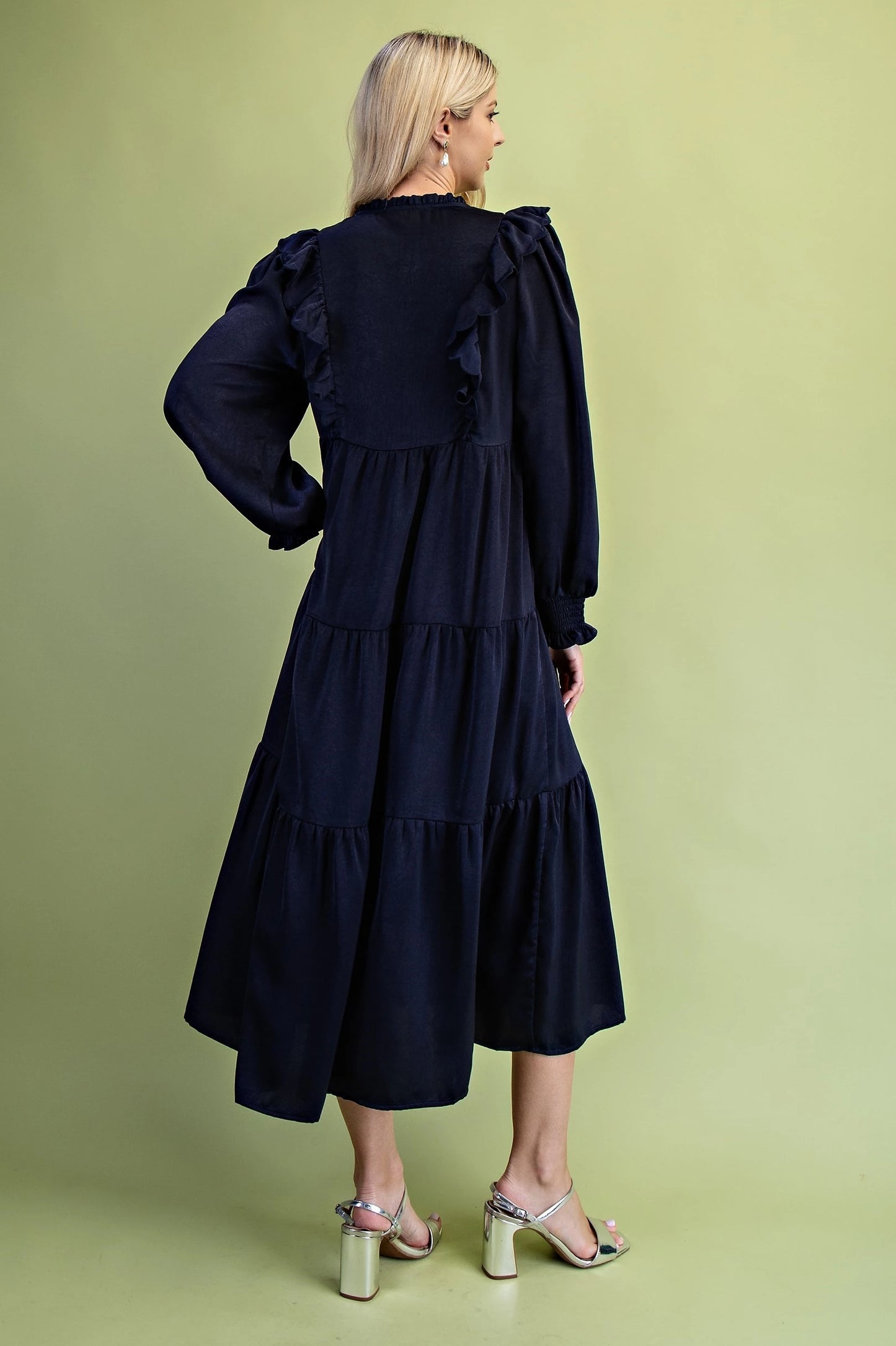 Navy Tiered Midi Dress with Pleating and Scalloped Ruffled Bodice