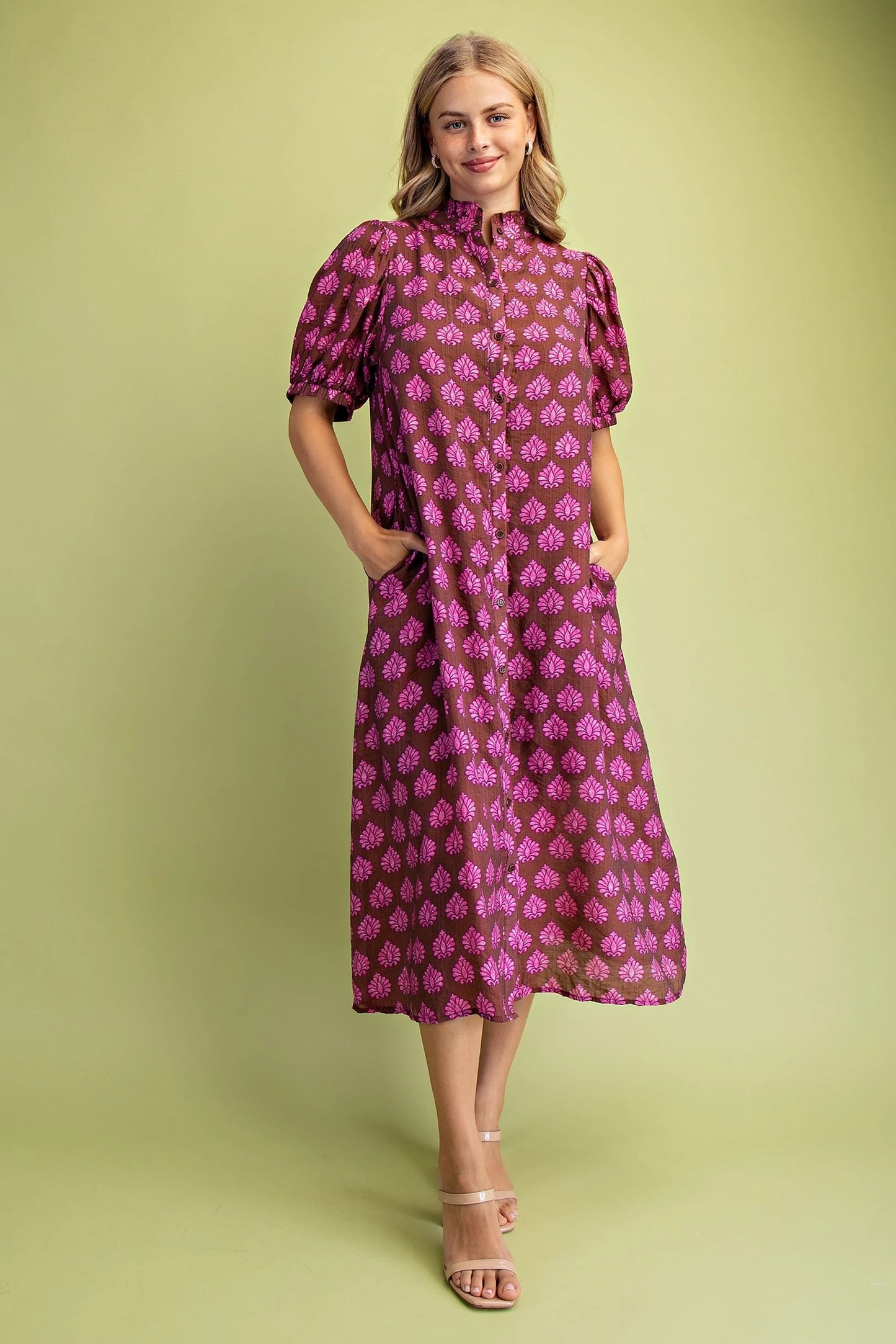 Brown Mix Midi Dress with Purplish-Pink Designs