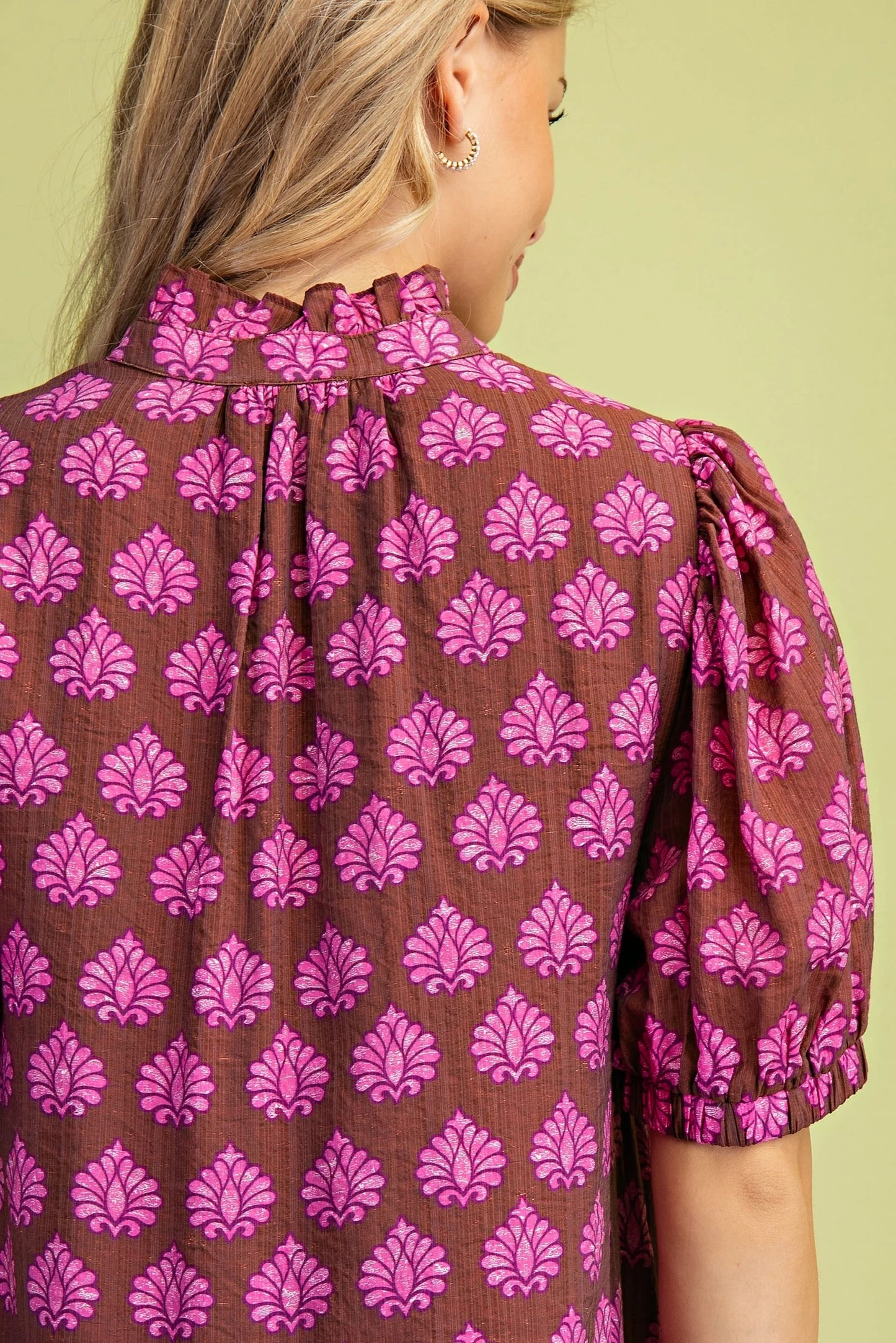 Brown Mix Midi Dress with Purplish-Pink Designs