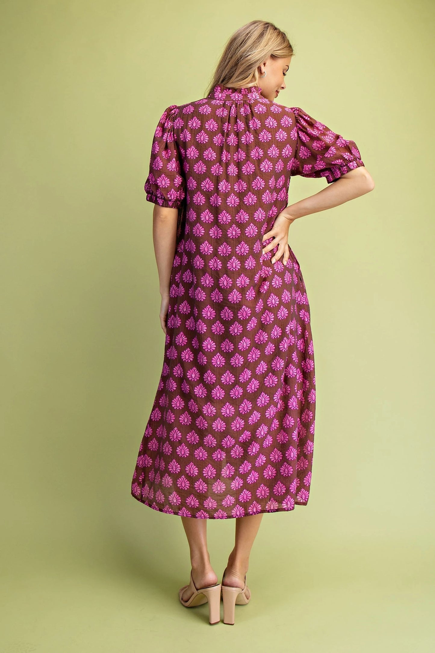 Brown Mix Midi Dress with Purplish-Pink Designs