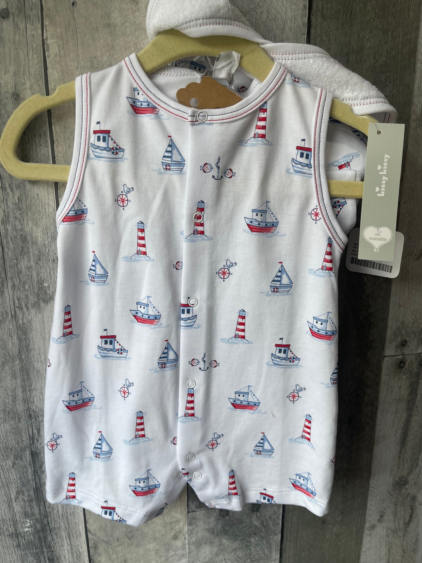 Kissy Kissy 3-piece Sailboat Romper Set // w Hat & Bib