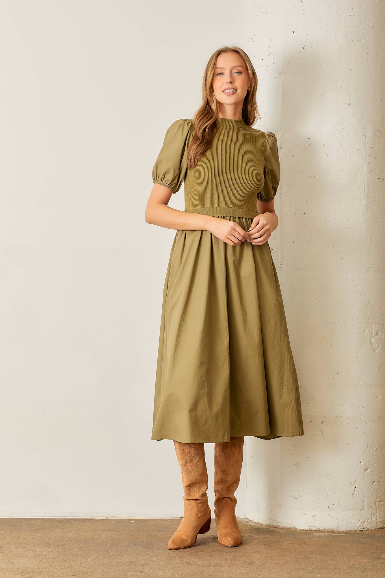 KNIT BODICE MAXI DRESS: OLIVE