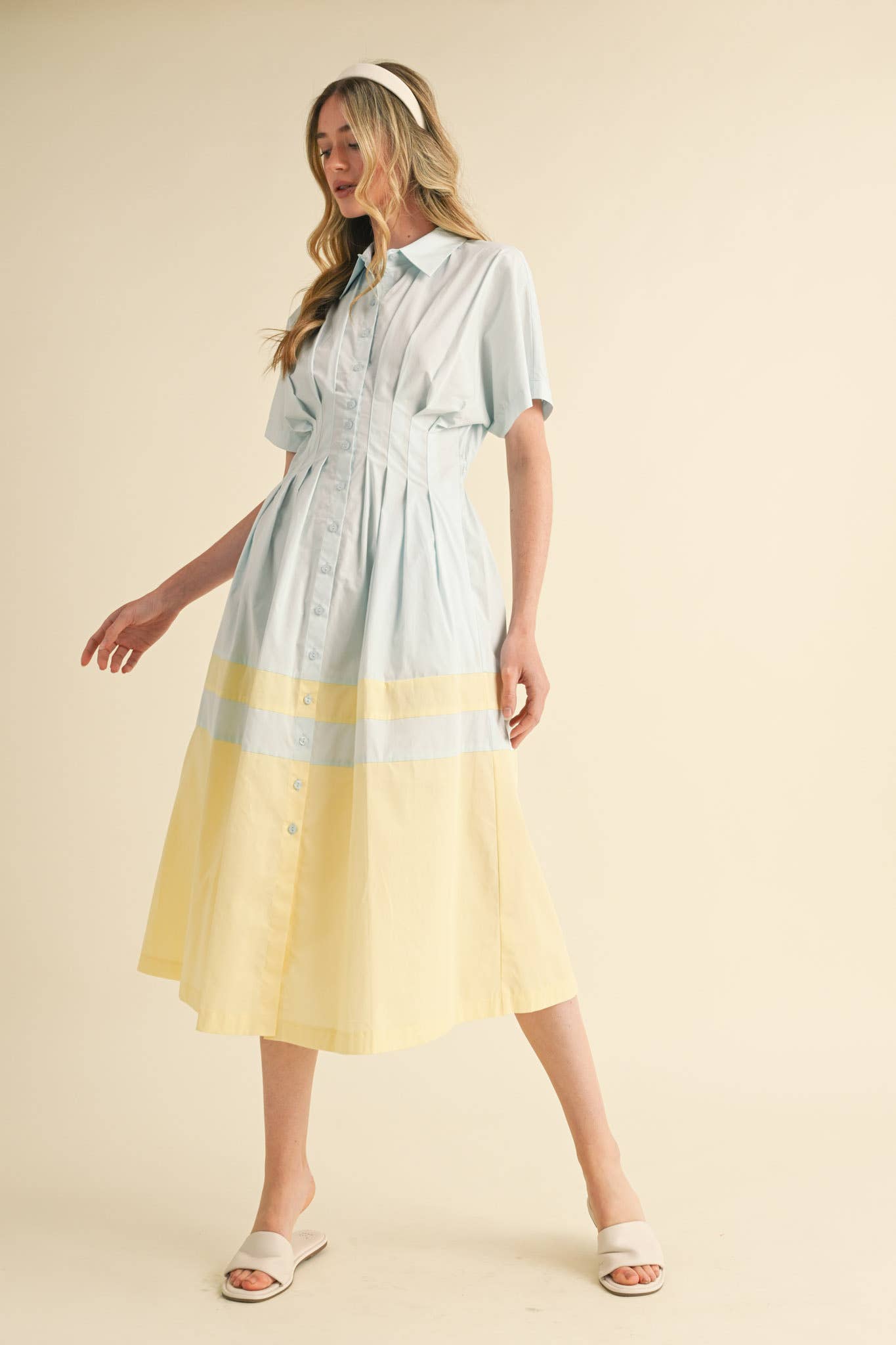 BUTTON DOWN PLEATED WAIST COLOR BLOCK MIDI DRESS