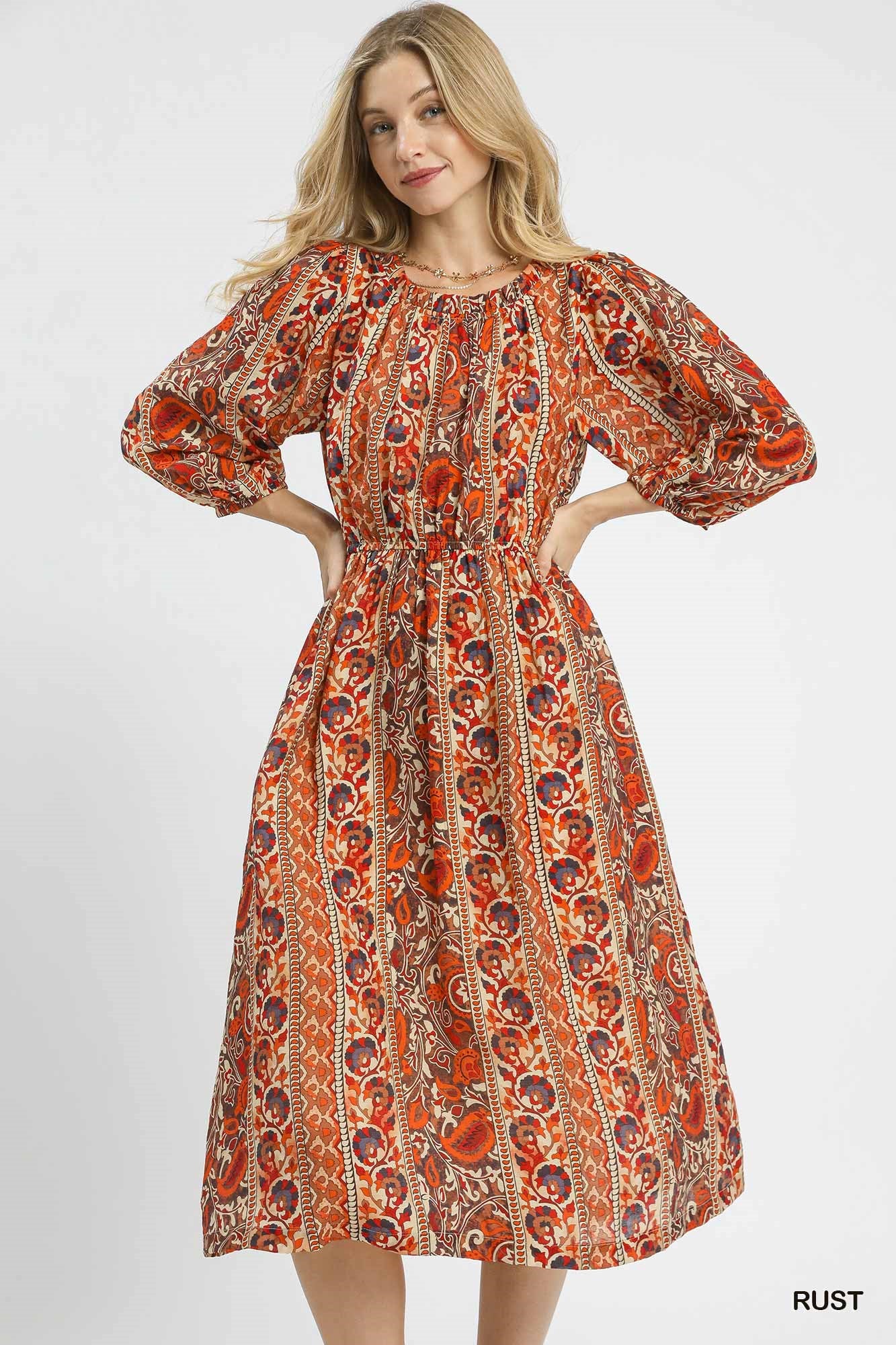 Rust Boho Floral Print Midi Dress