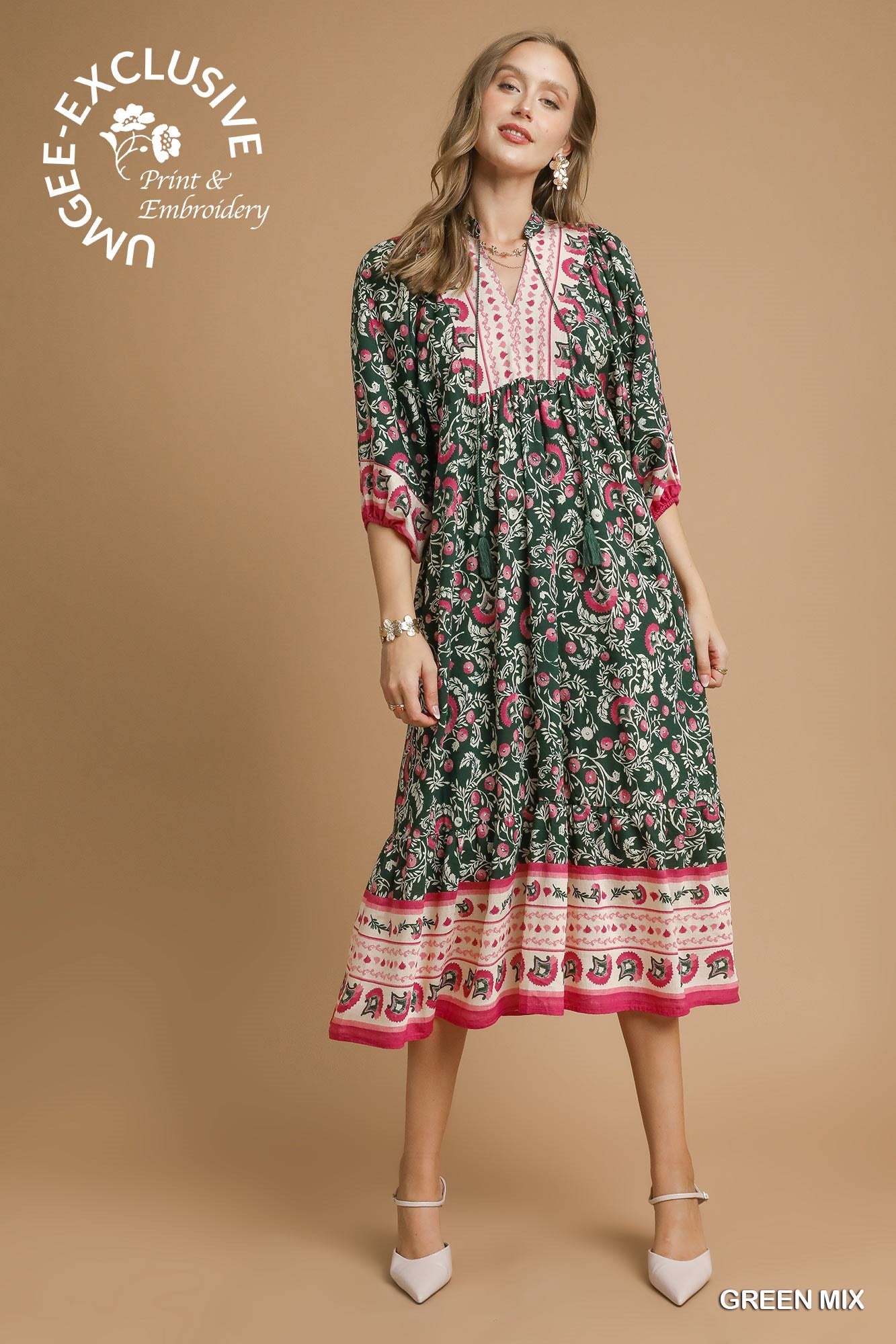 Green & Pink Mixed Midi Floral Dress