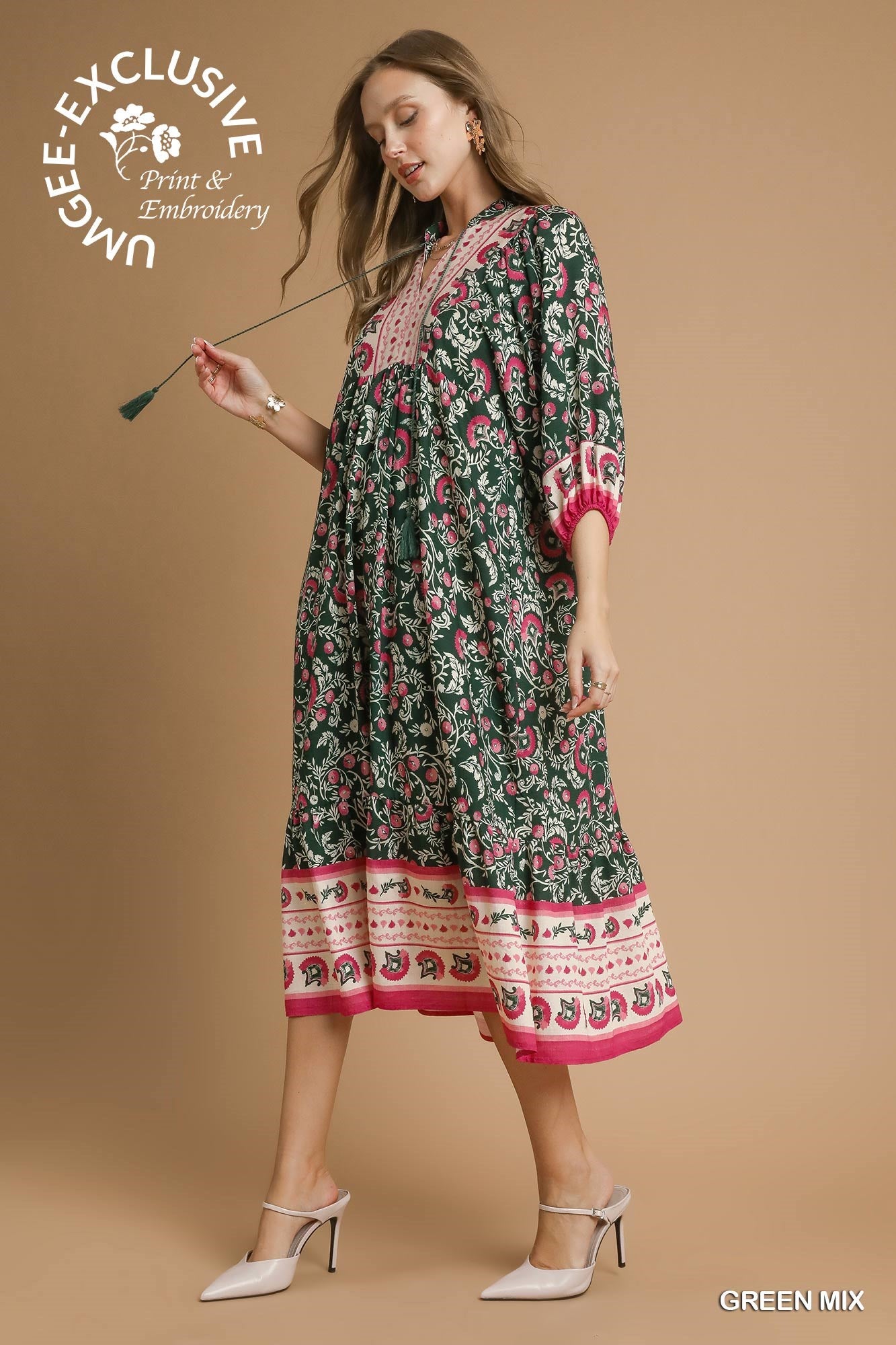 Green & Pink Mixed Midi Floral Dress