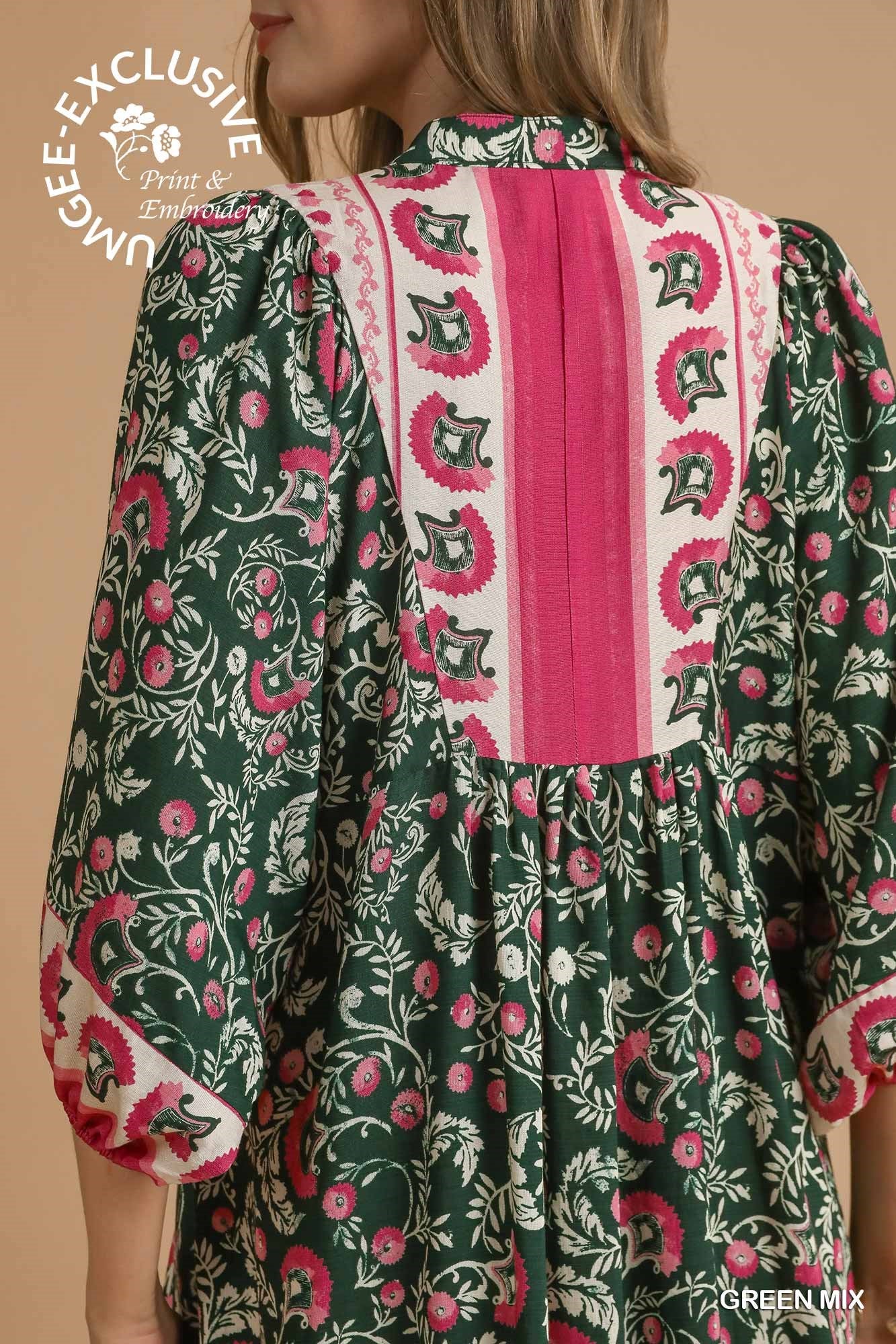 Green & Pink Mixed Midi Floral Dress