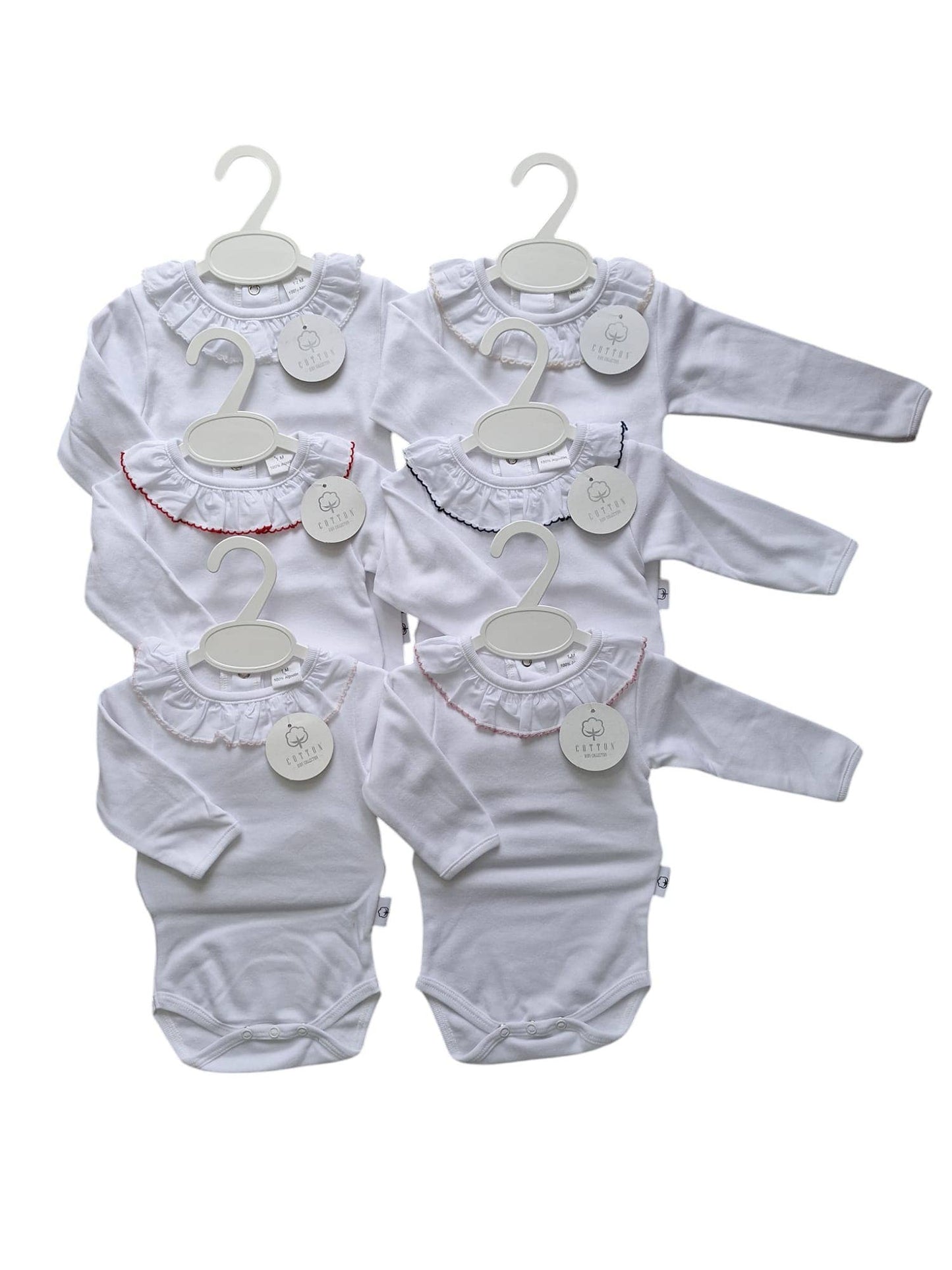 White body suit with gathered, detailed collar