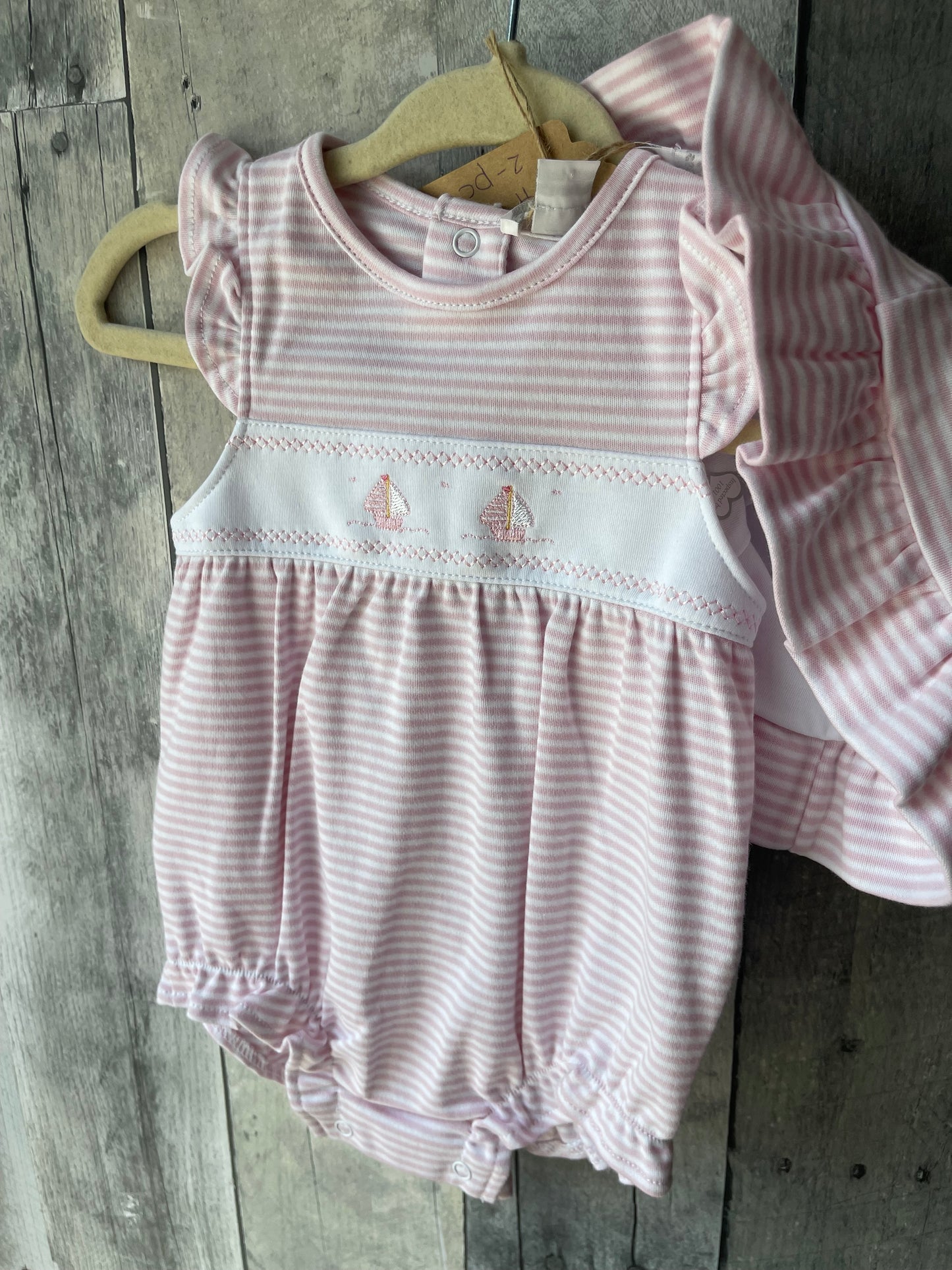 Kissy Kissy Baby Ruffle Romper Matching Hat // Pink Stripe & Sailboat