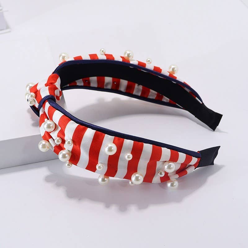 4TH OF JULY USA STRIPE PEARL HEADBAND Red