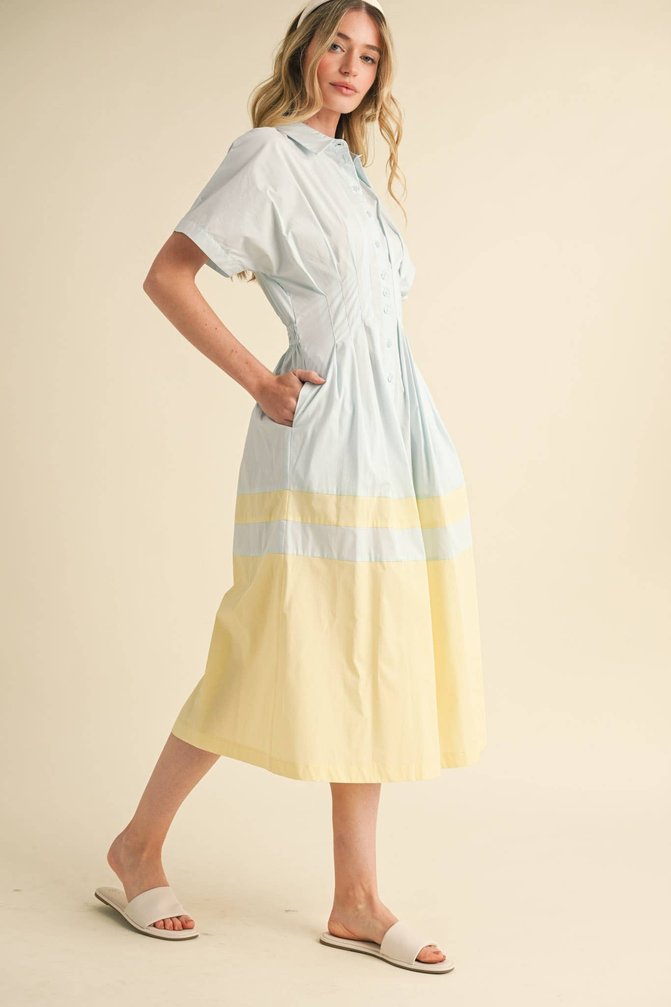 BUTTON DOWN PLEATED WAIST COLOR BLOCK MIDI DRESS