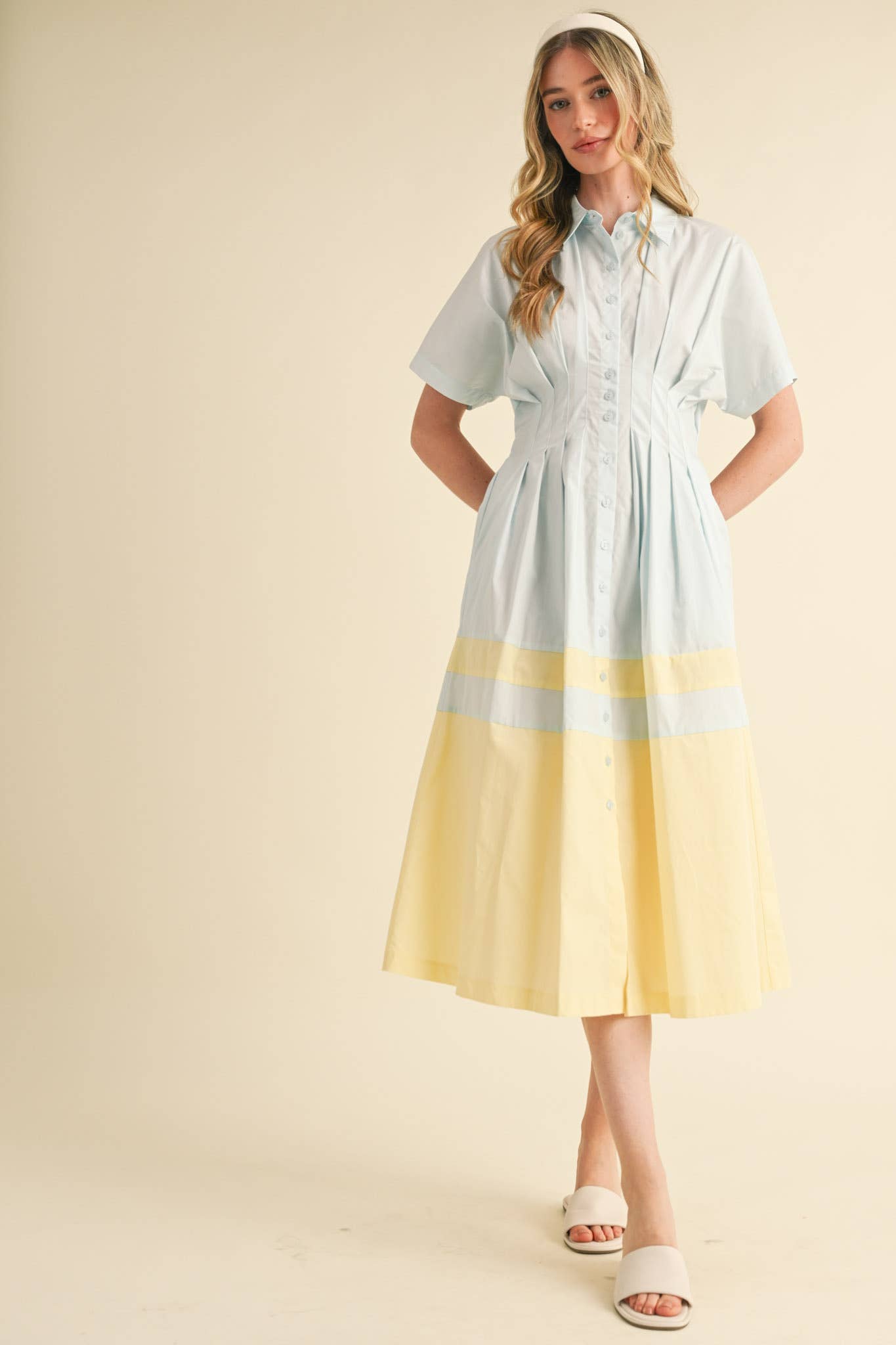 BUTTON DOWN PLEATED WAIST COLOR BLOCK MIDI DRESS
