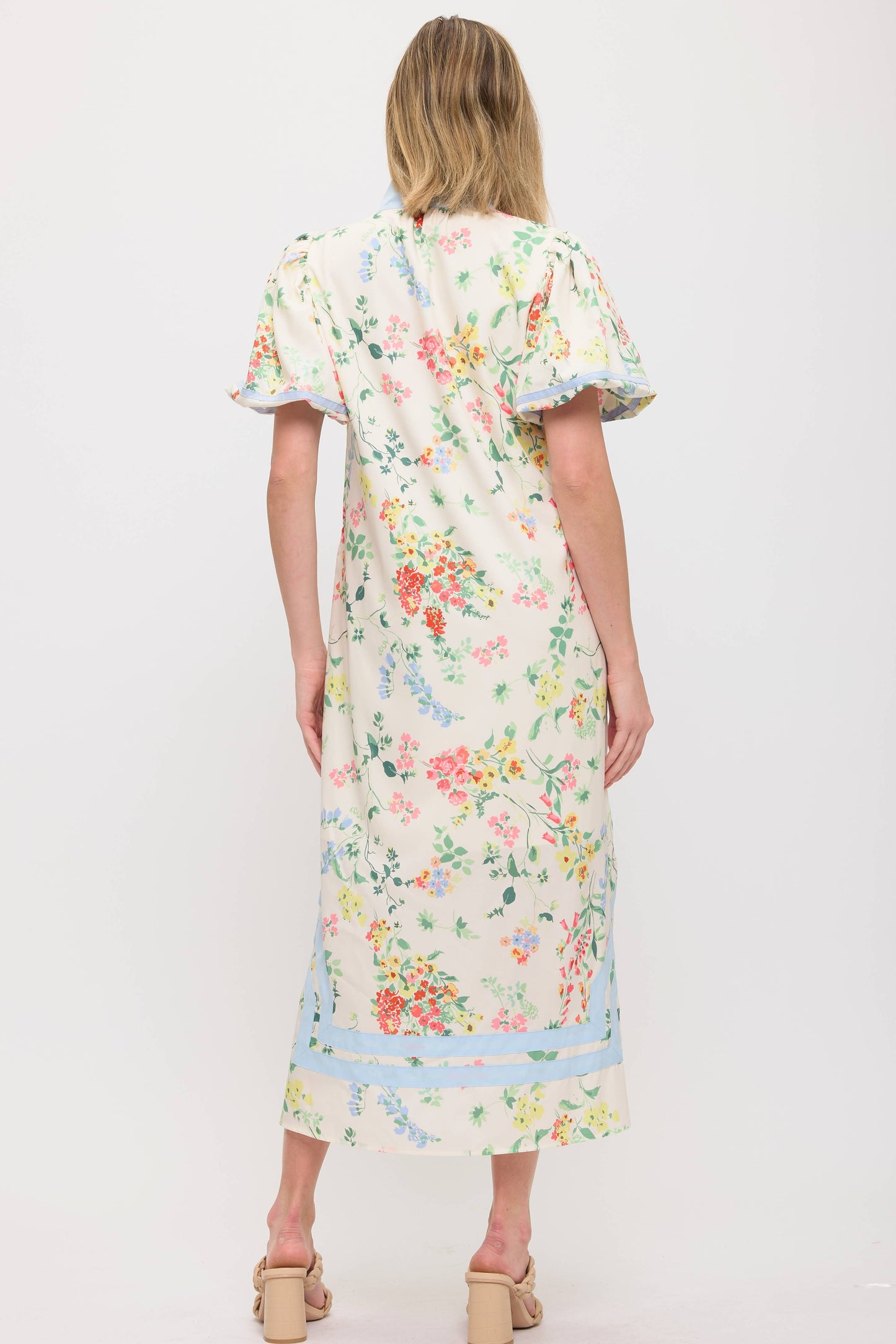Floral Dress with Soft Blue Contrast Piping