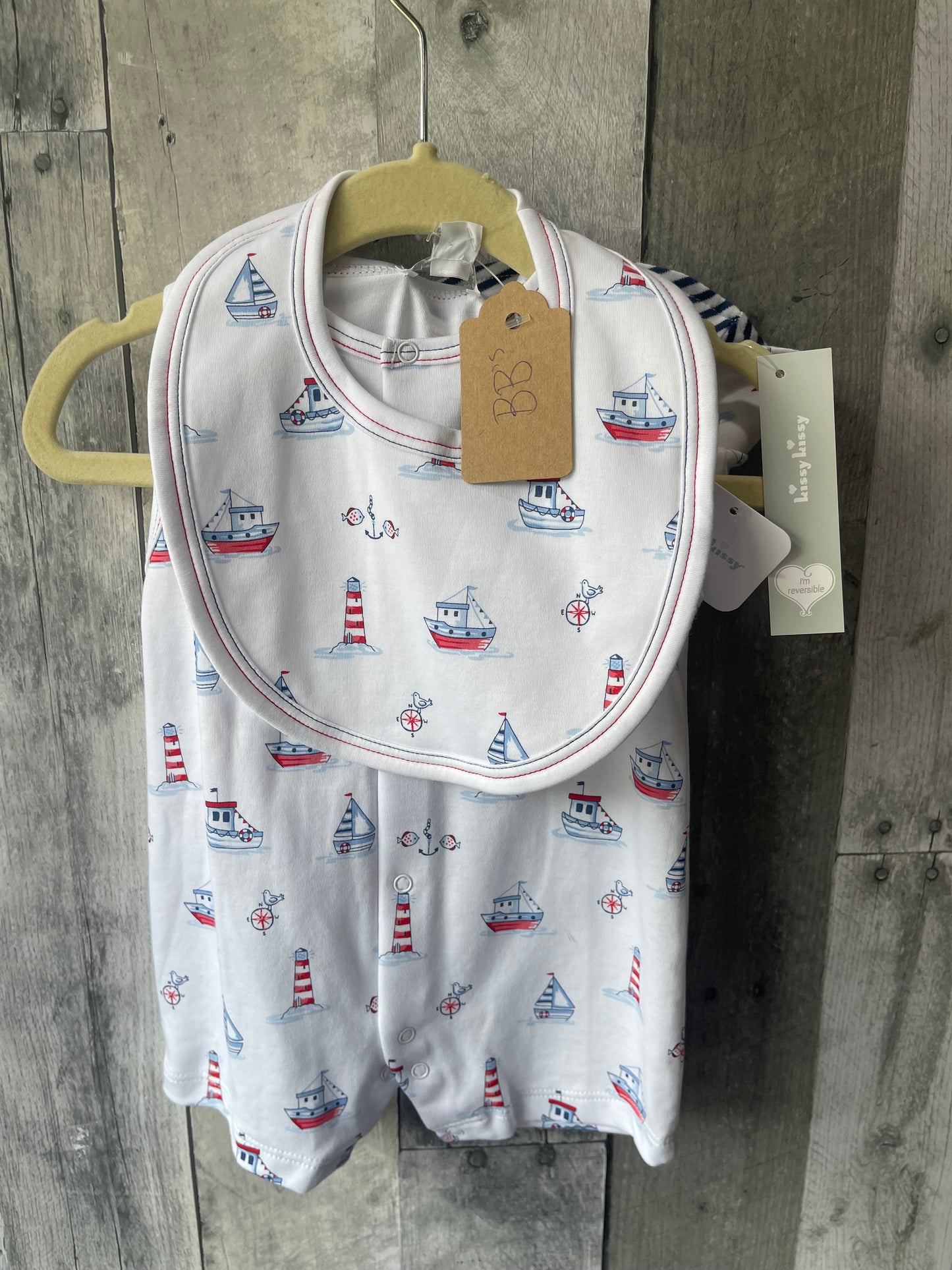 Kissy Kissy 3-piece Sailboat Romper Set // w Hat & Bib