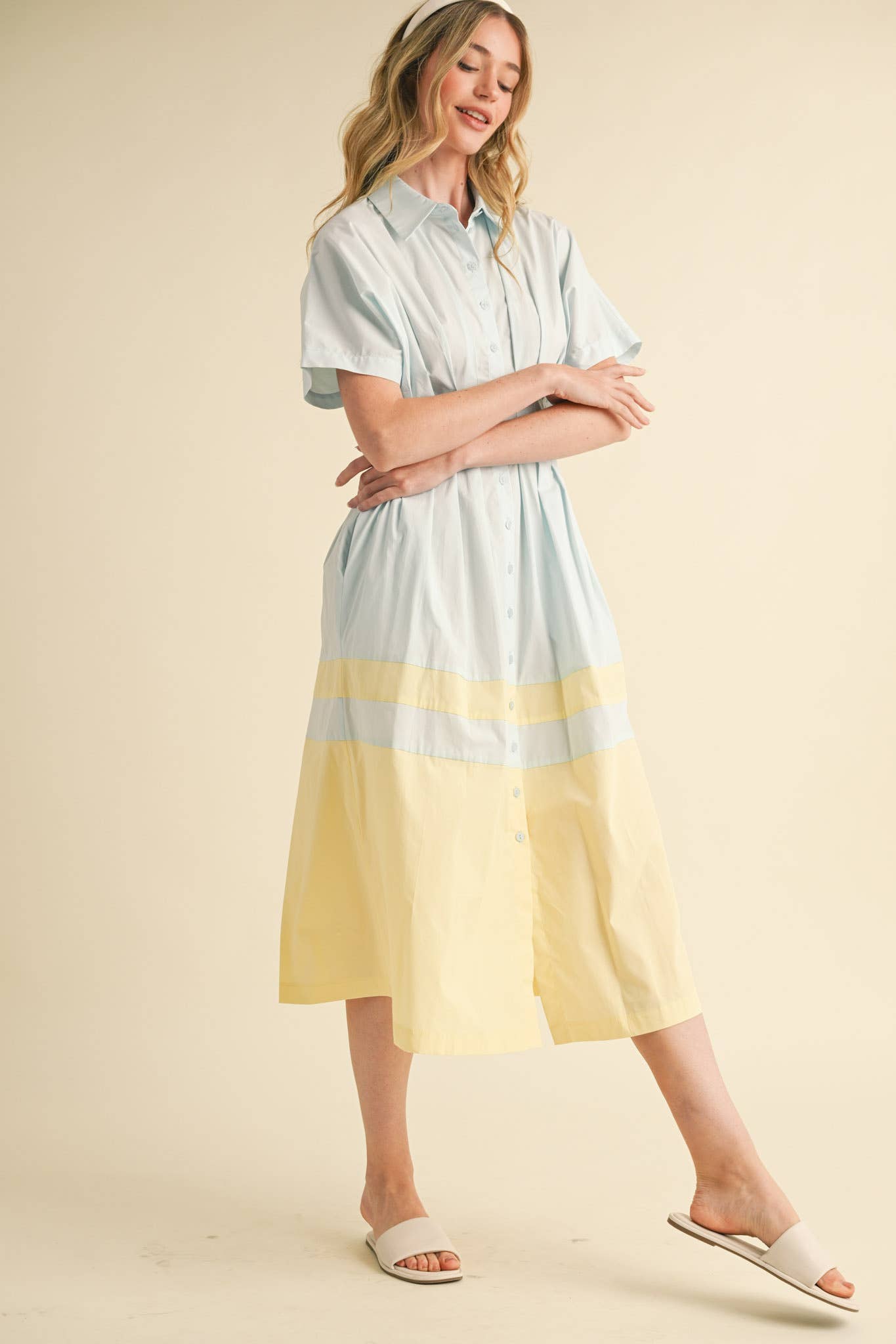 BUTTON DOWN PLEATED WAIST COLOR BLOCK MIDI DRESS