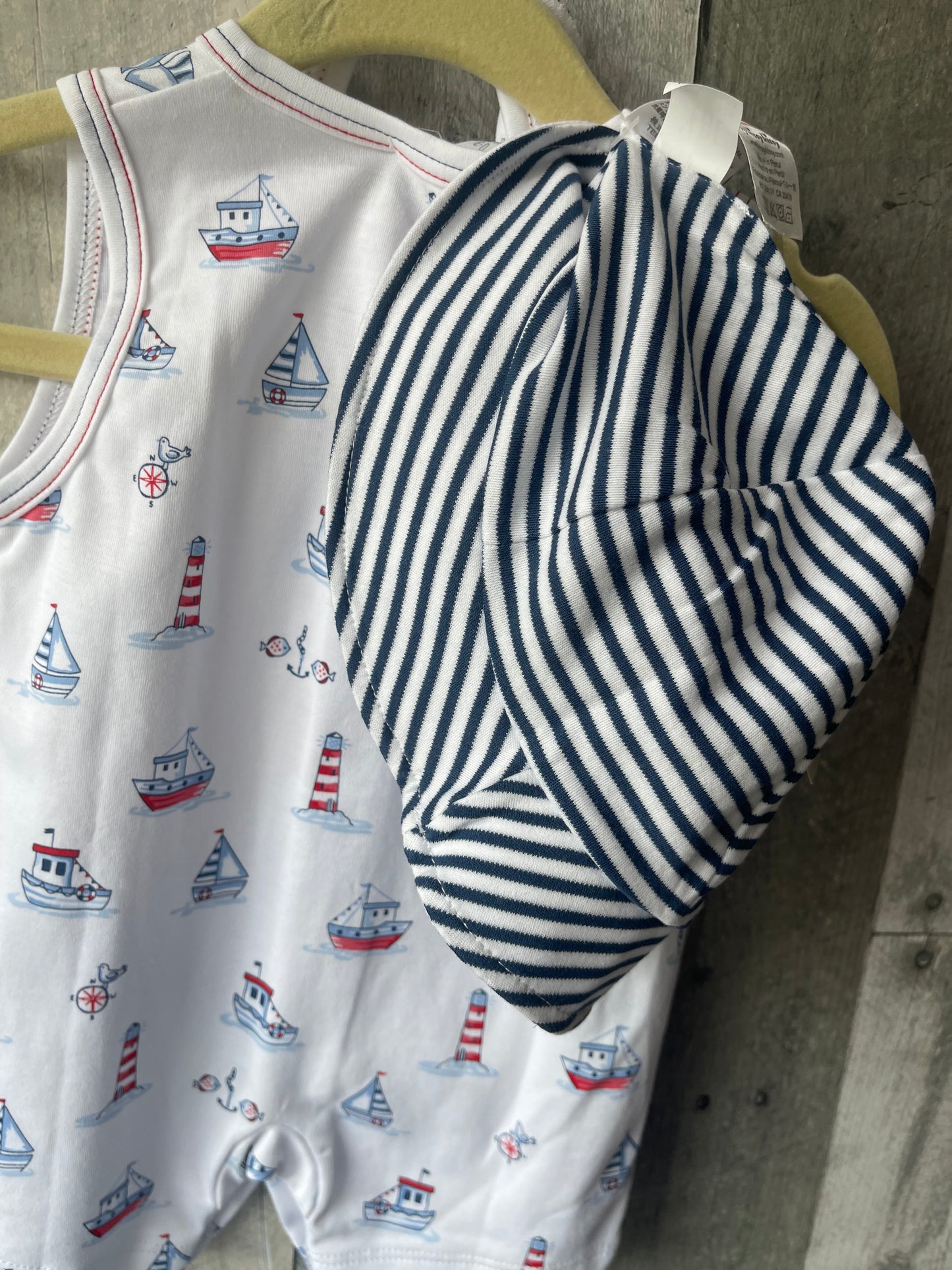 Kissy Kissy 3-piece Sailboat Romper Set // w Hat & Bib