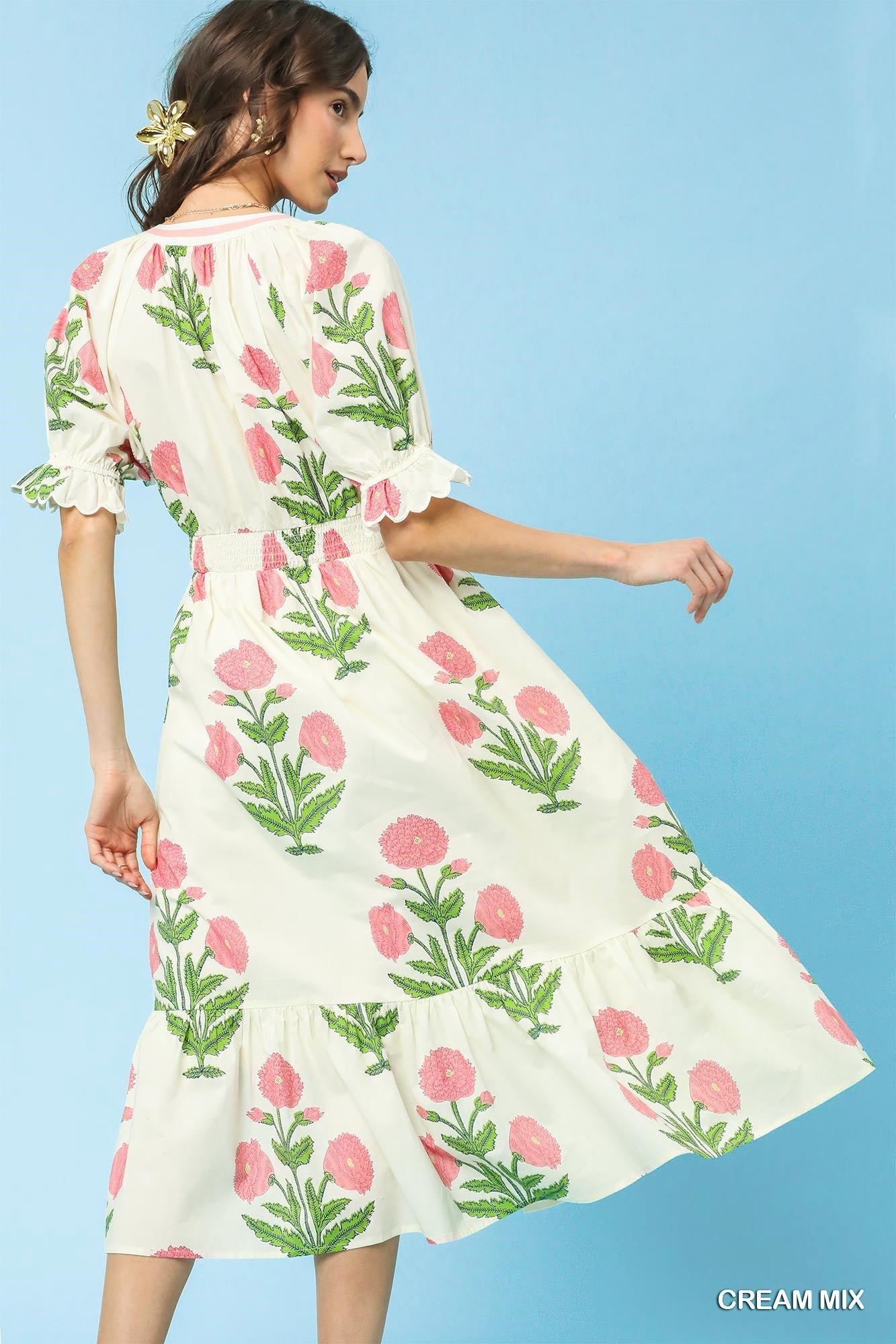 Floral Smocked Midi Dress in Creams and Pinks