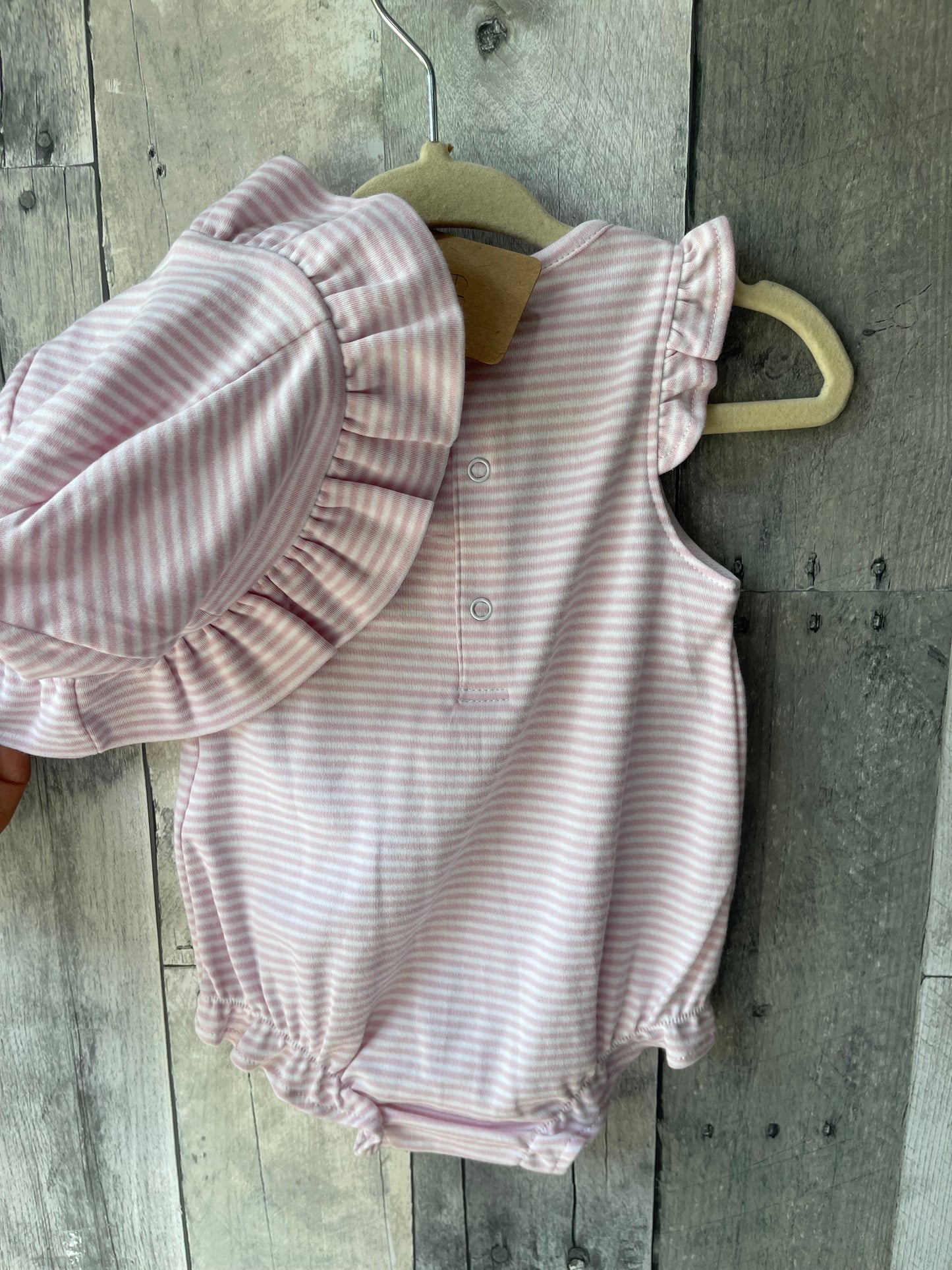 Kissy Kissy Baby Ruffle Romper Matching Hat // Pink Stripe & Sailboat