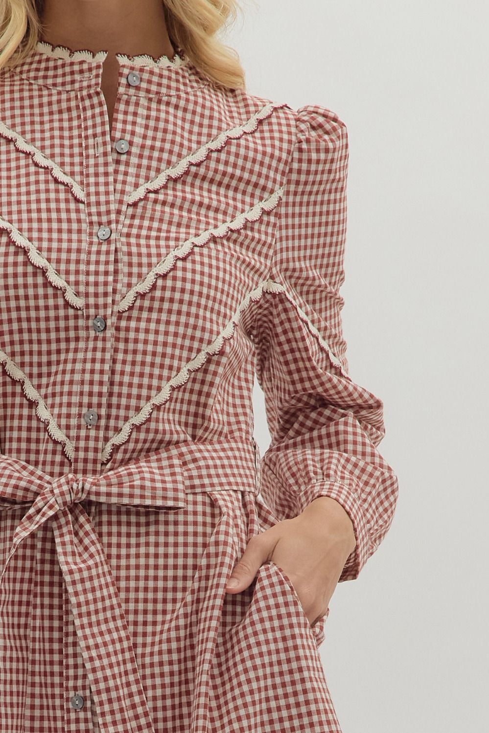 Gingham Long-Sleeve Midi Dress in Burgundy