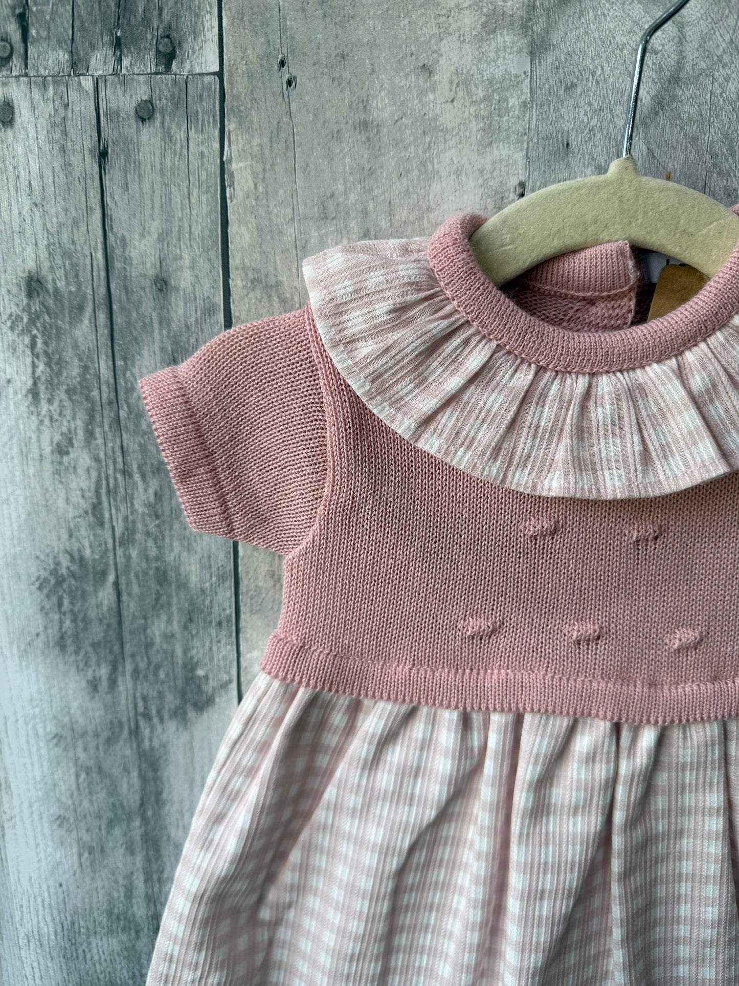 Babidu Baby Girl Knit short sleeve gingham pink dress