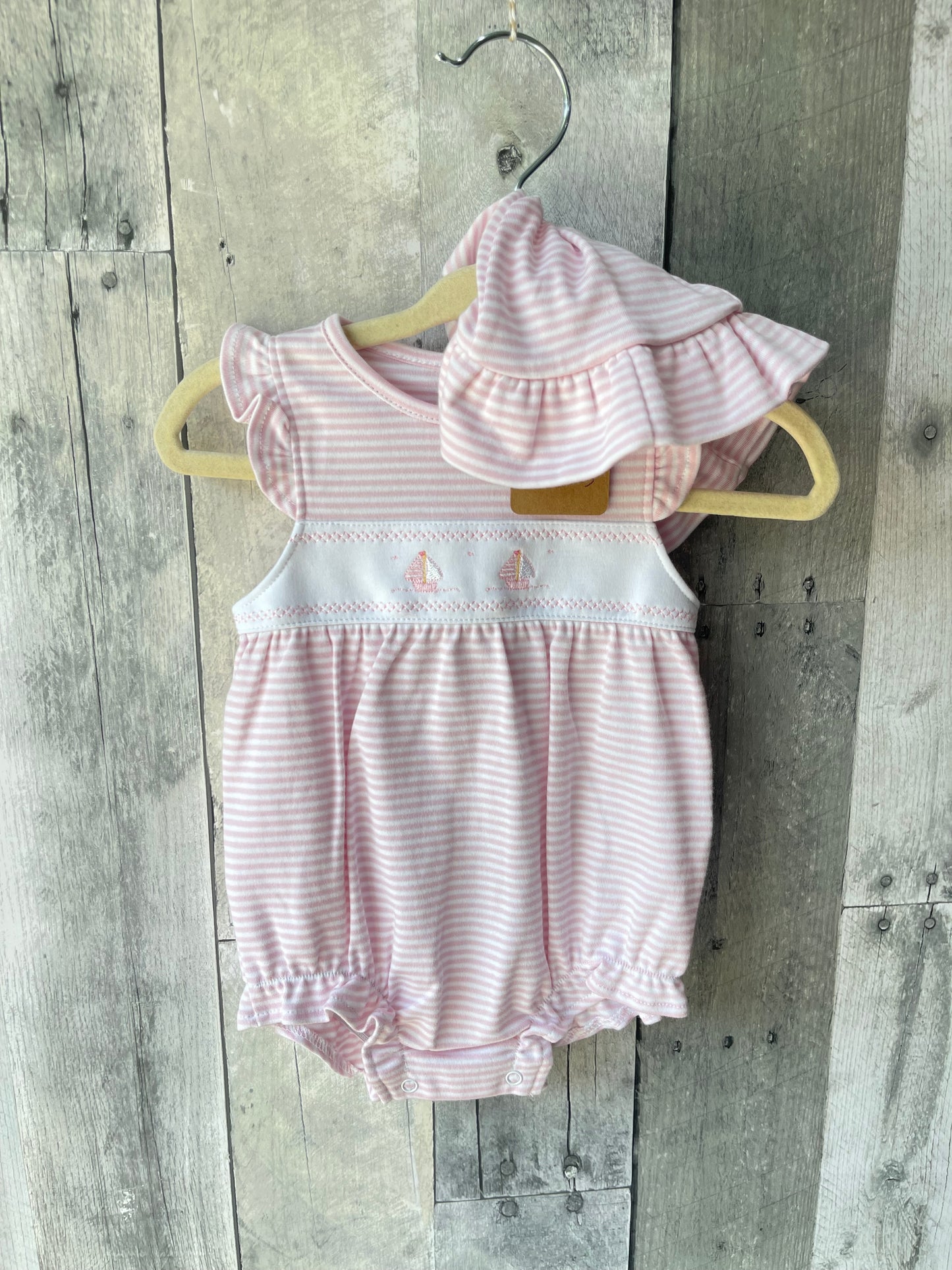Kissy Kissy Baby Ruffle Romper Matching Hat // Pink Stripe & Sailboat
