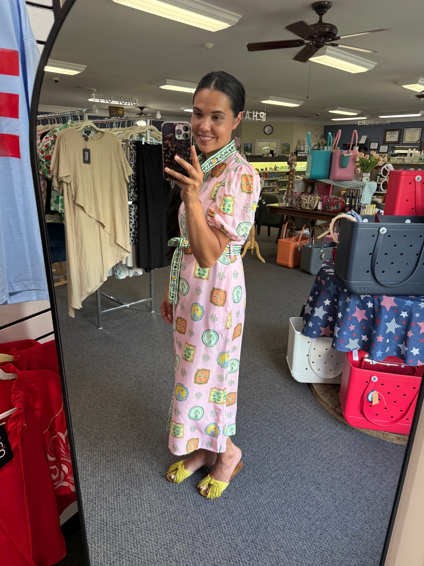 Stamped Style Midi Dress with Contrasting Fabric Details