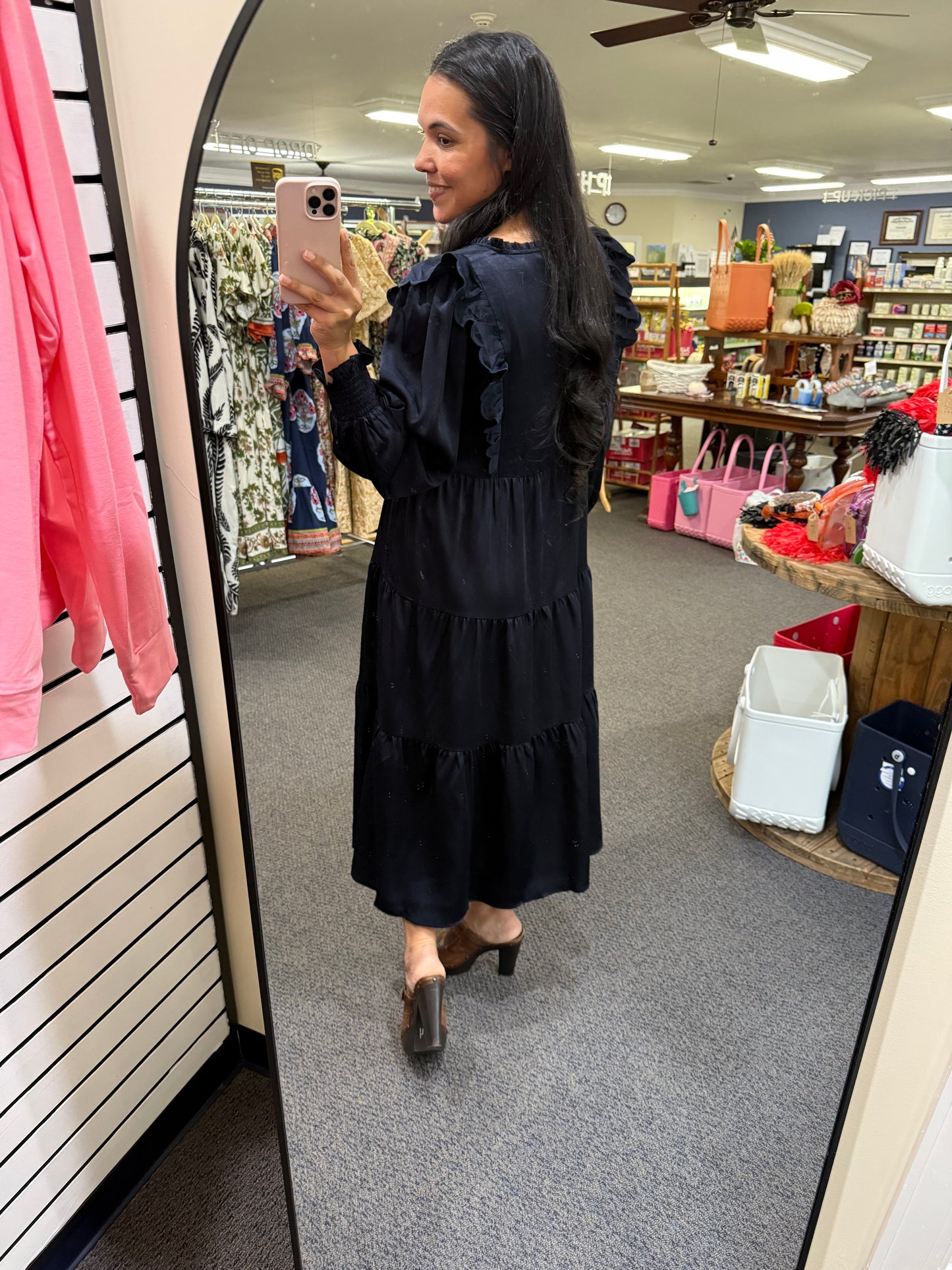 Navy Tiered Midi Dress with Pleating and Scalloped Ruffled Bodice