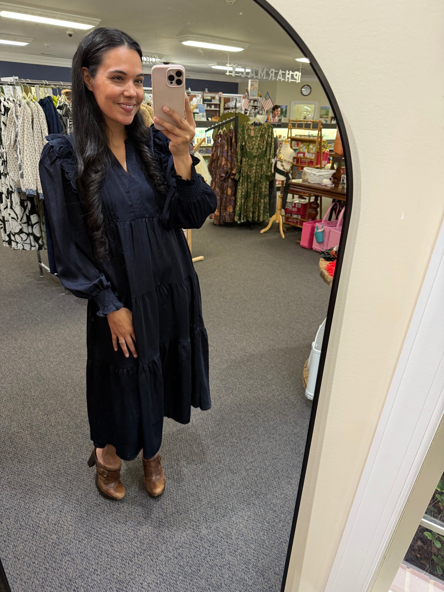 Navy Tiered Midi Dress with Pleating and Scalloped Ruffled Bodice