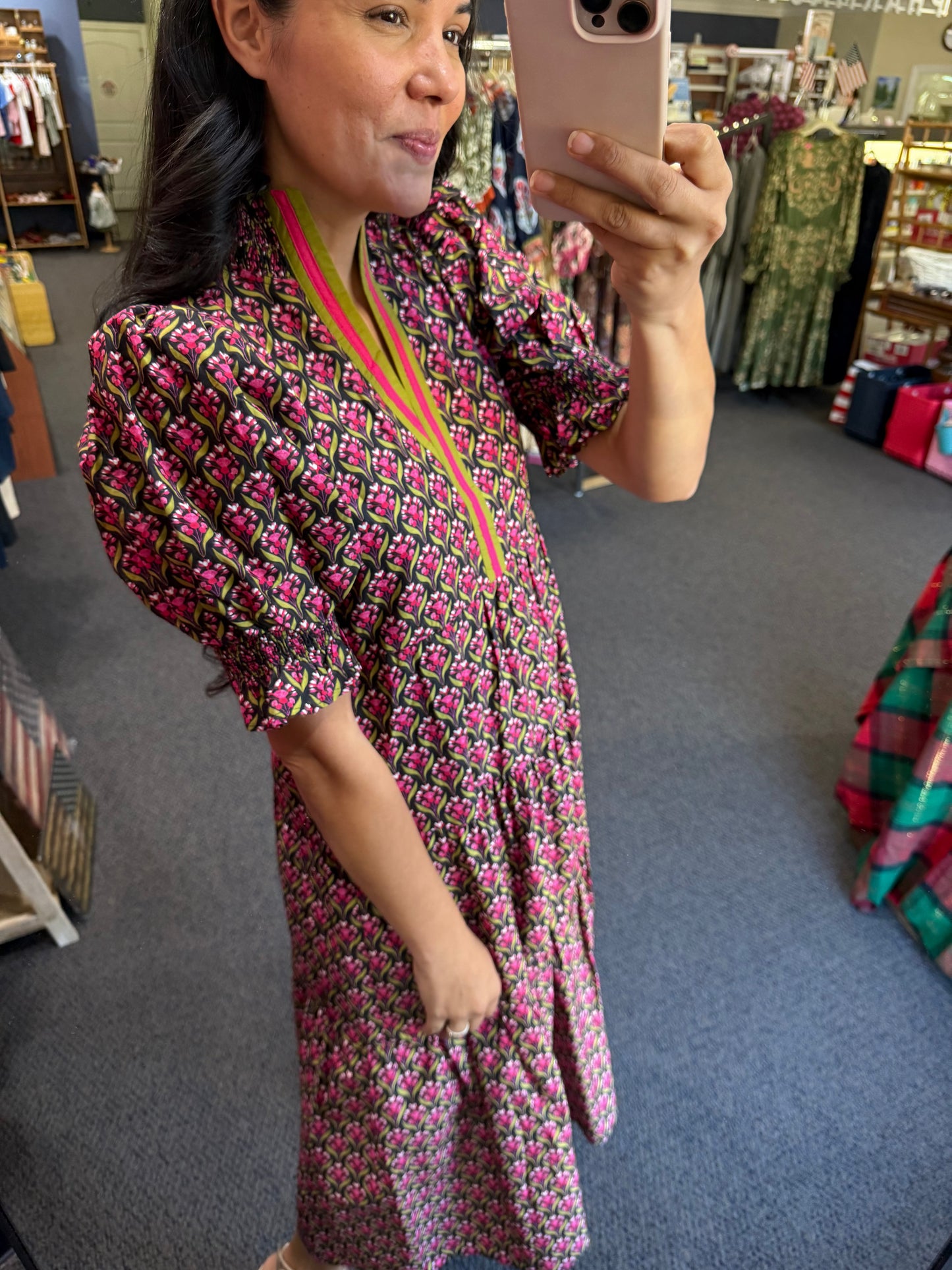 Botanical Print Dress in Black with Contrast Trim Split Neck