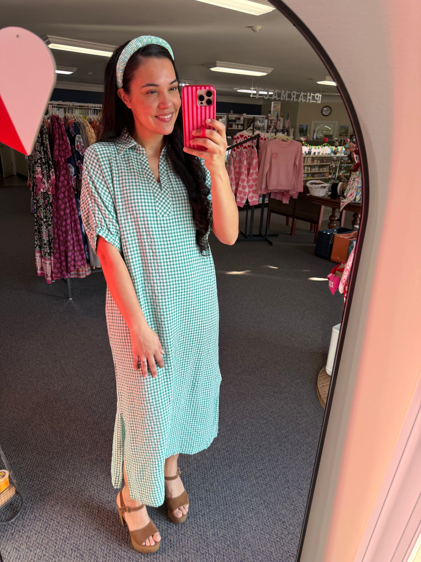 Green Gingham Midi Dress