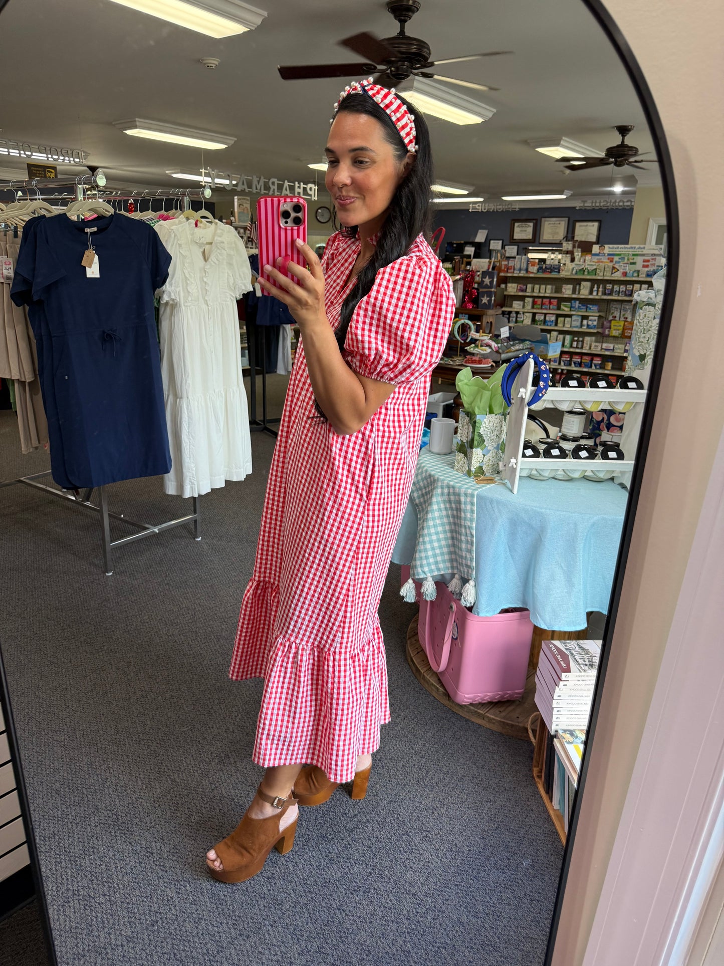 Red & White Gingham Midi Dress