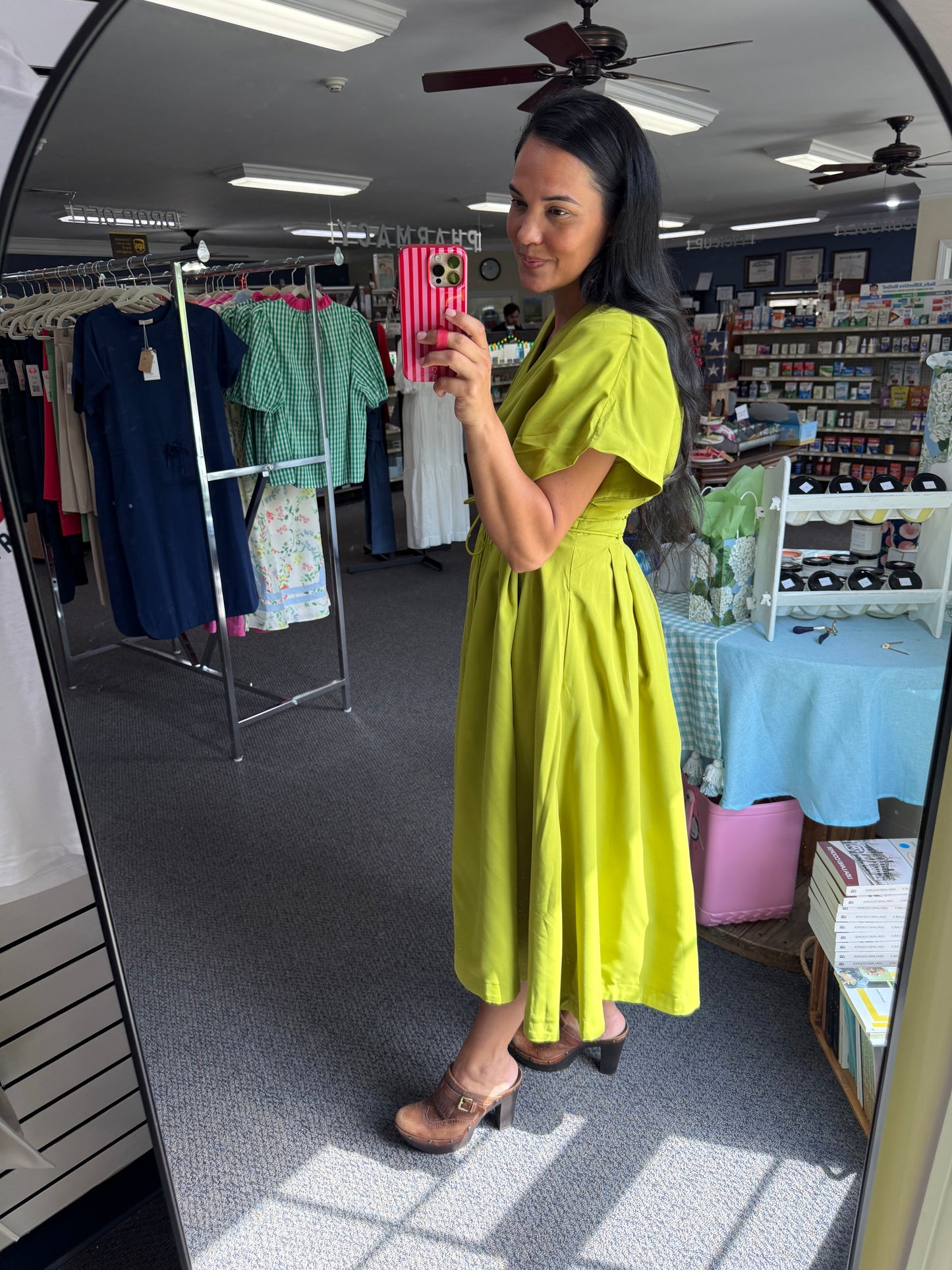 Pleated Waist Tie Dolman Sleeve Flare Midi Dress in Lime Green