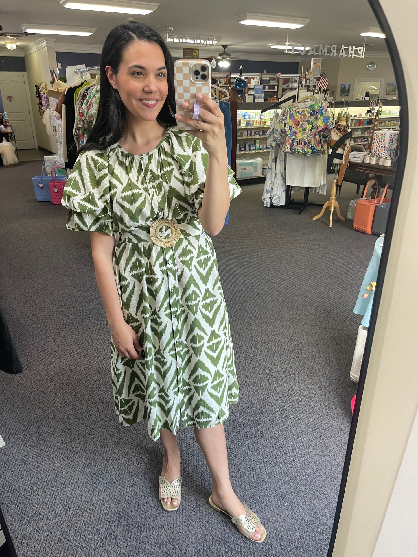 Geo Print Midi Dress in Olive with Straw Belt