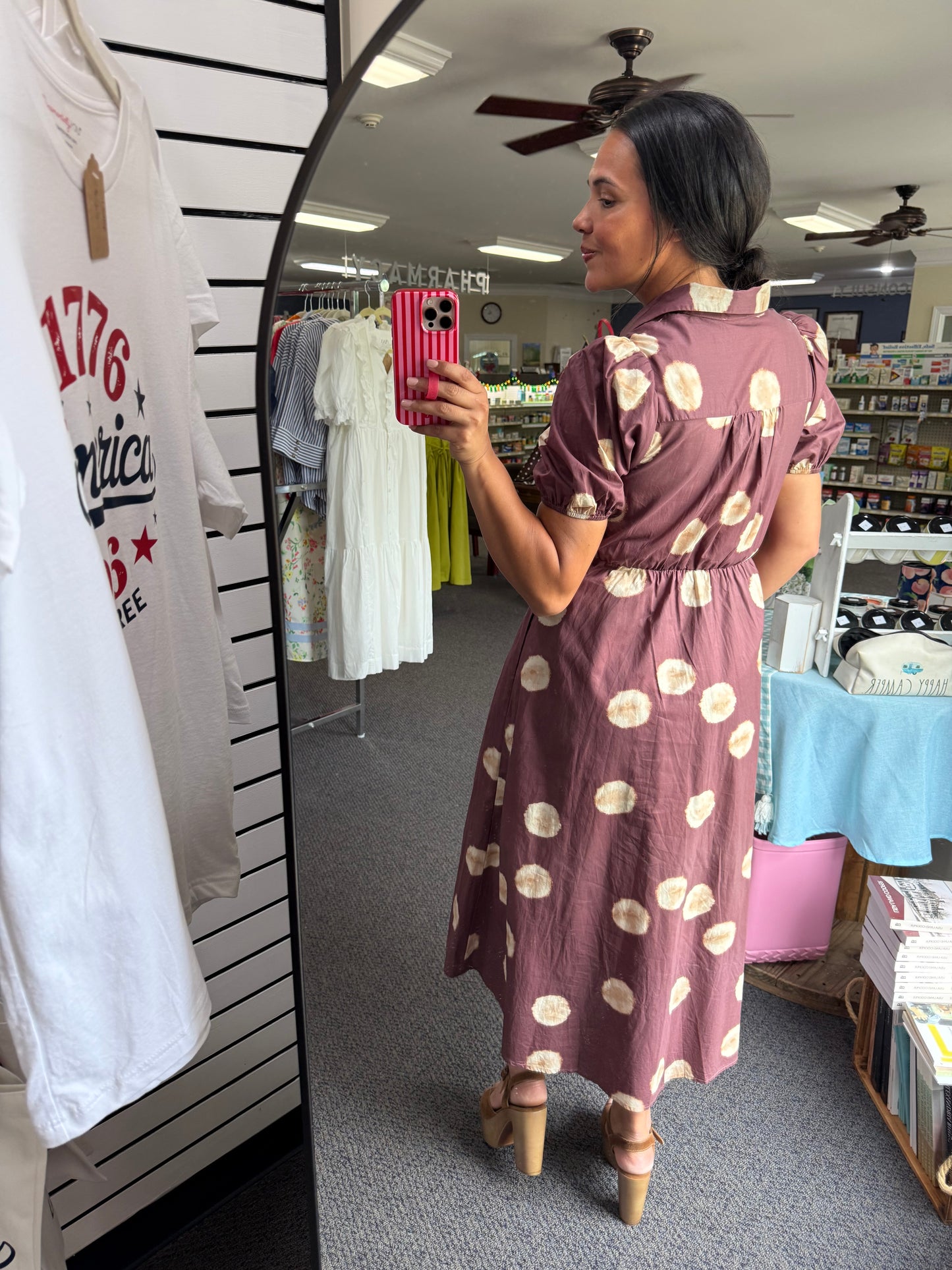 Brown Polka Dot Dress with Short Puff Sleeves