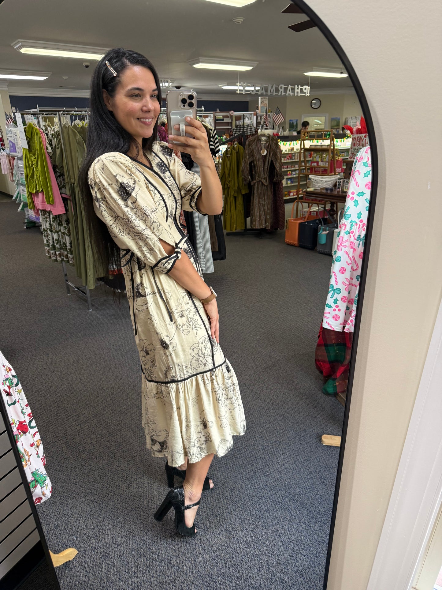 Ivory midi dress with Black Floral/Piping Details