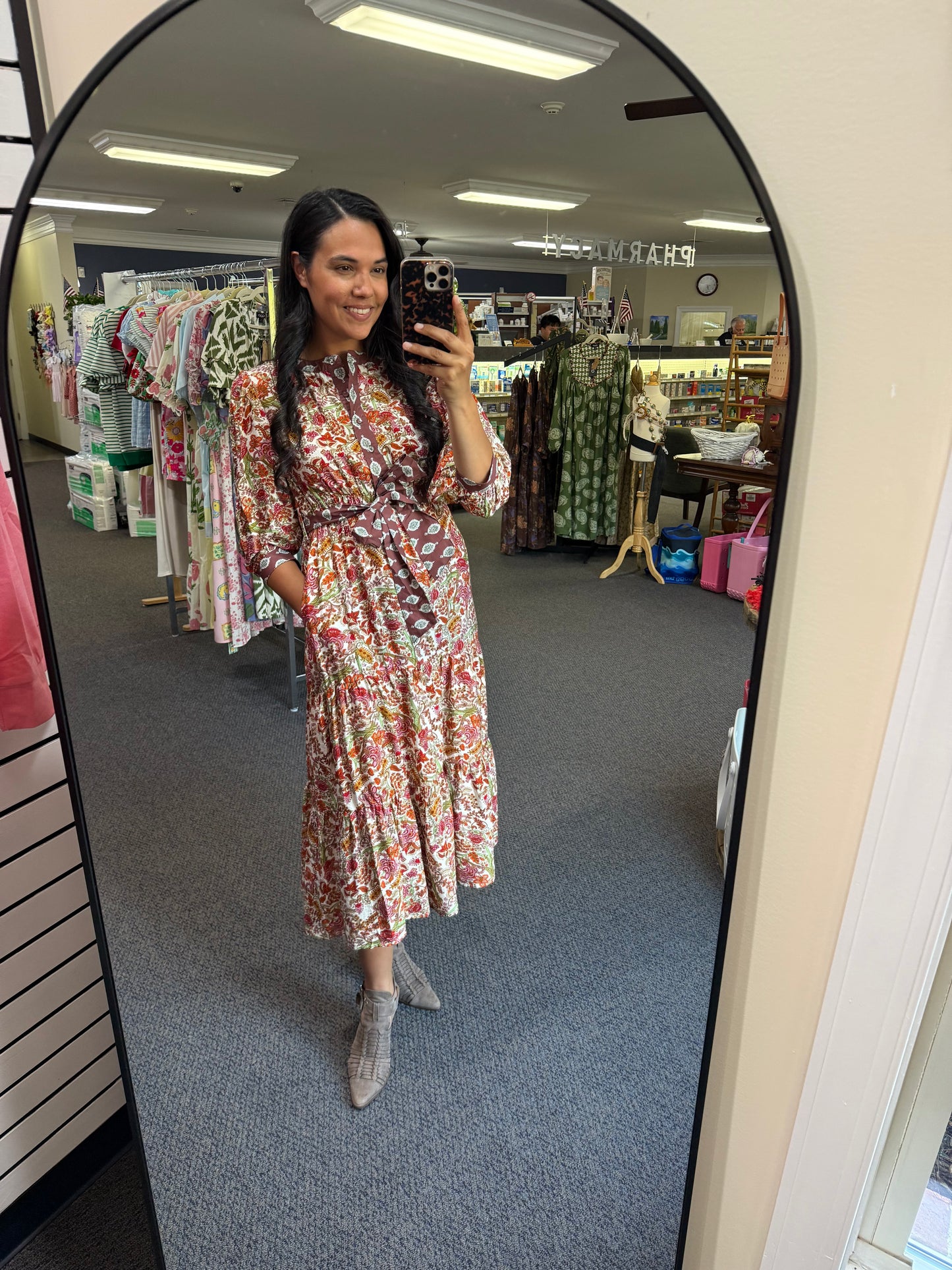 Brown/Red Floral Multi-Fabric Tiered Midi Dress