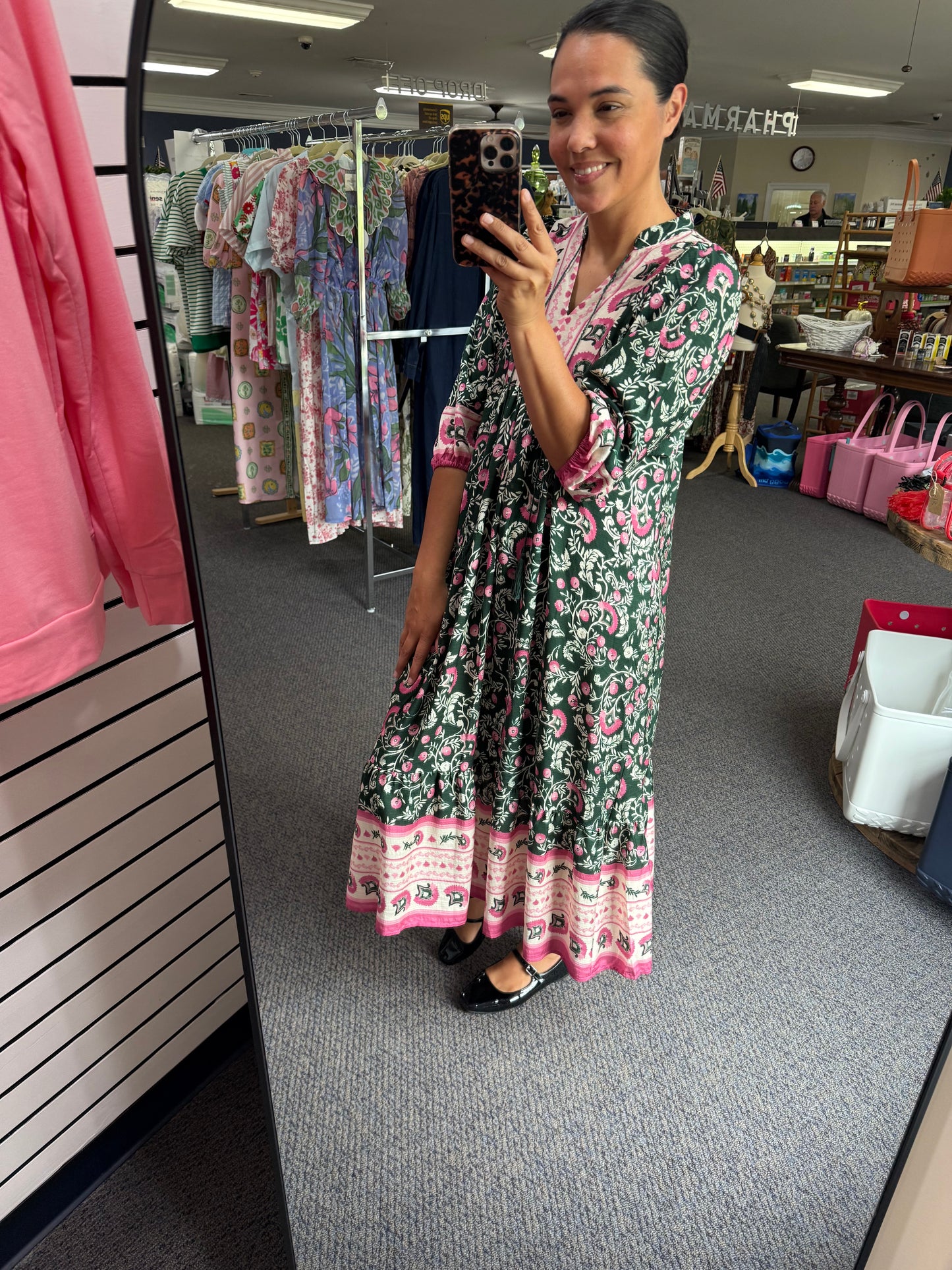 Green & Pink Mixed Midi Floral Dress
