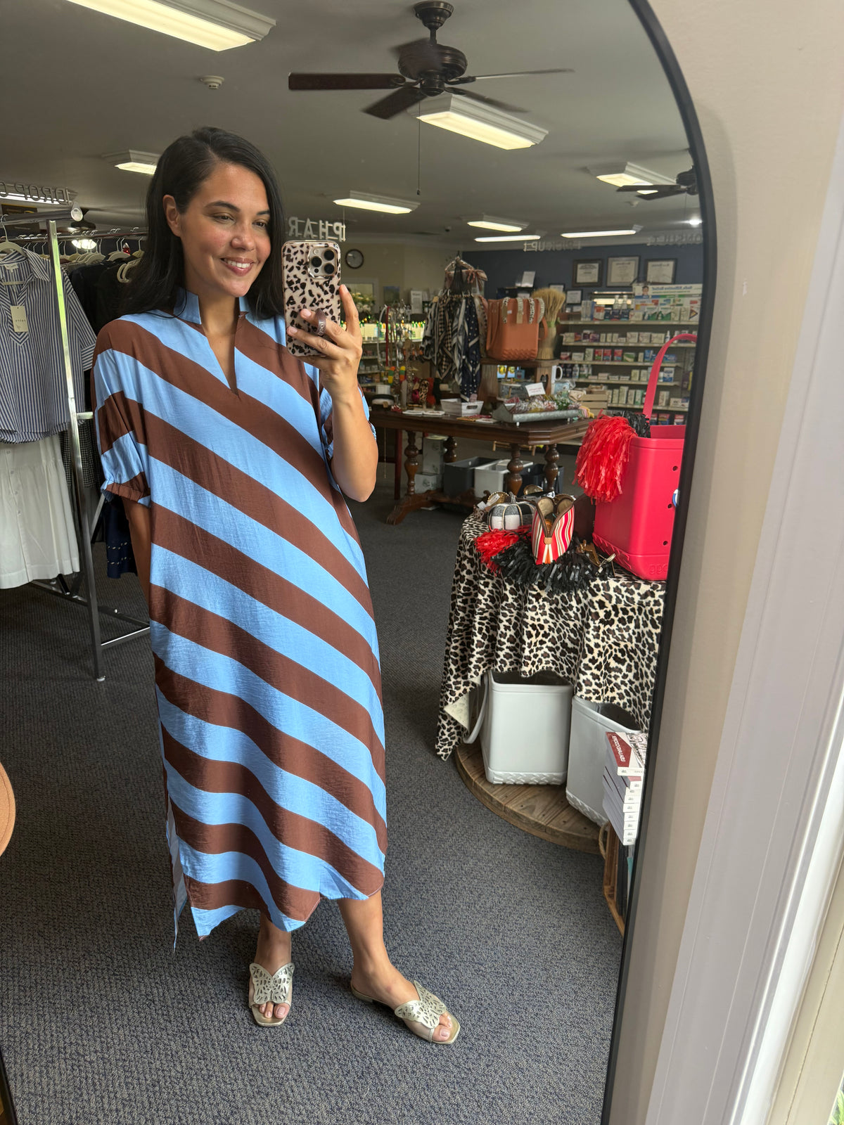 Blue and Brown Diagonal Stripe Midi Dress