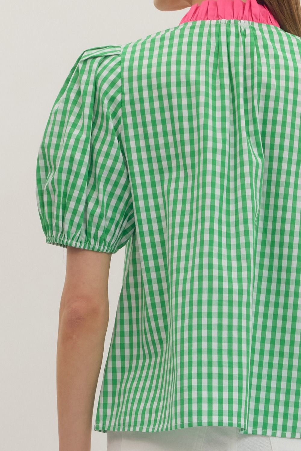 Green Gingham Top with Pink Detail