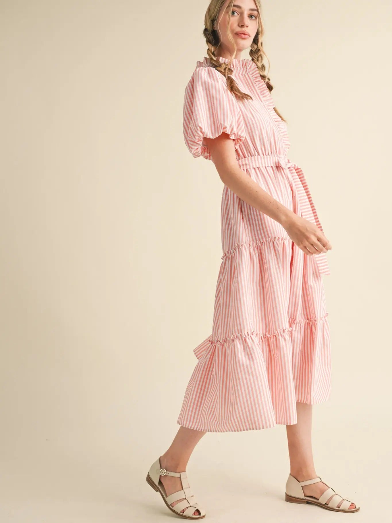 STRIPED RUFFLED BUTON DOWN MIDI DRESS: ROSE PINK