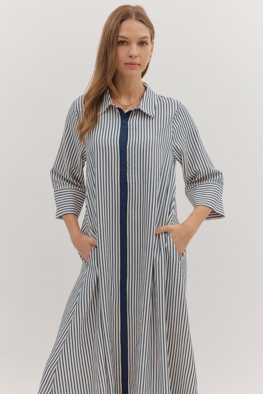 Indigo/off-white Striped Flowing Maxi Dress with 3/4 Sleeves