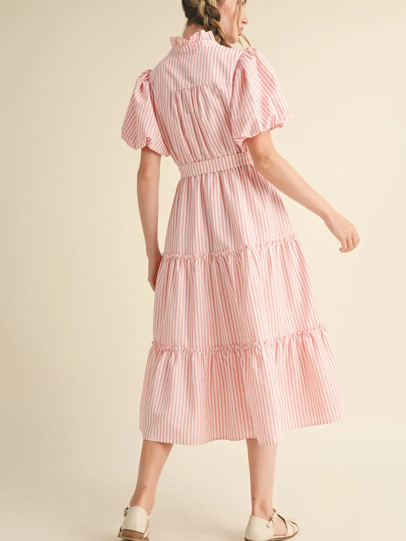 STRIPED RUFFLED BUTON DOWN MIDI DRESS: ROSE PINK