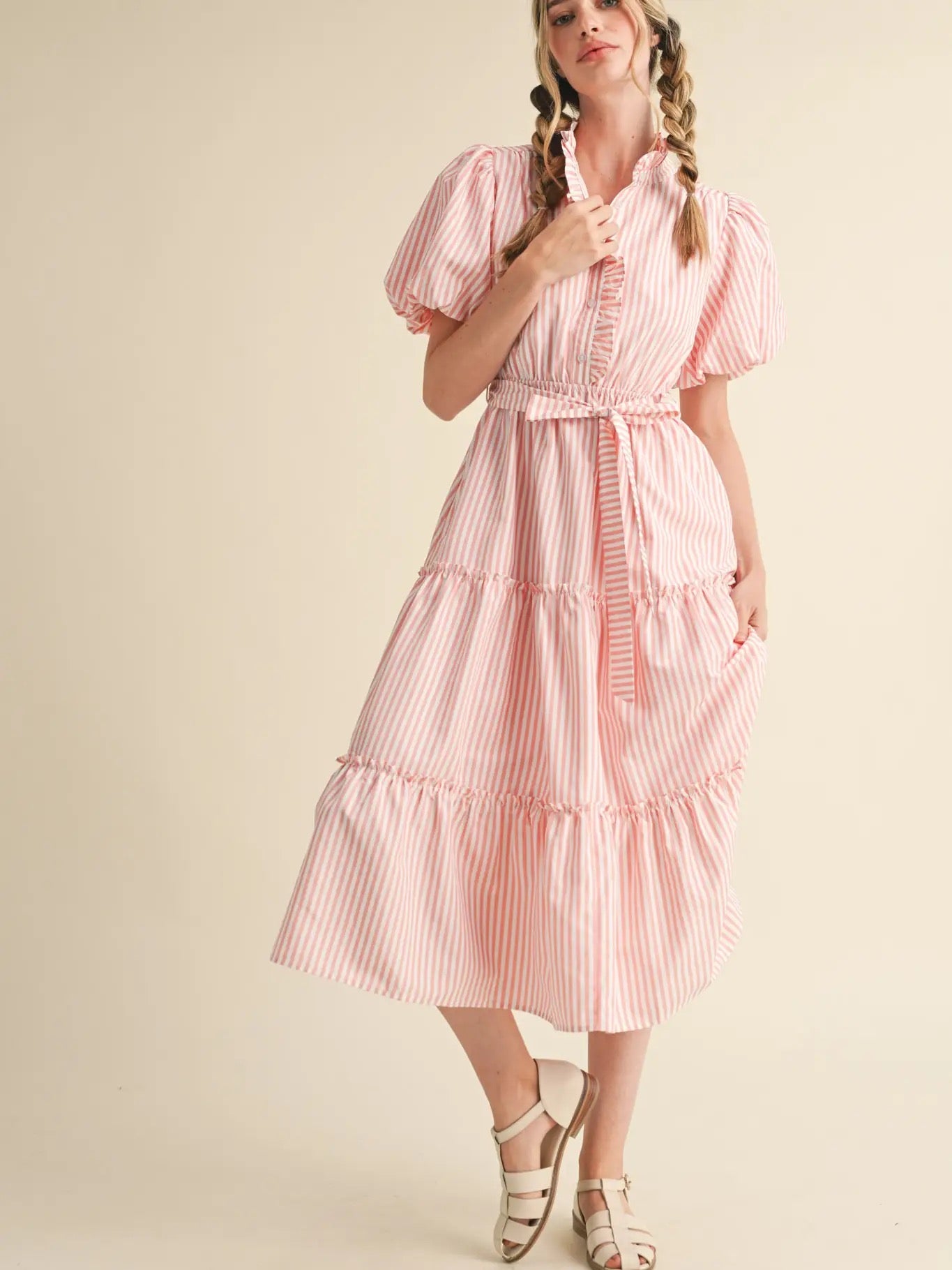 STRIPED RUFFLED BUTON DOWN MIDI DRESS: ROSE PINK