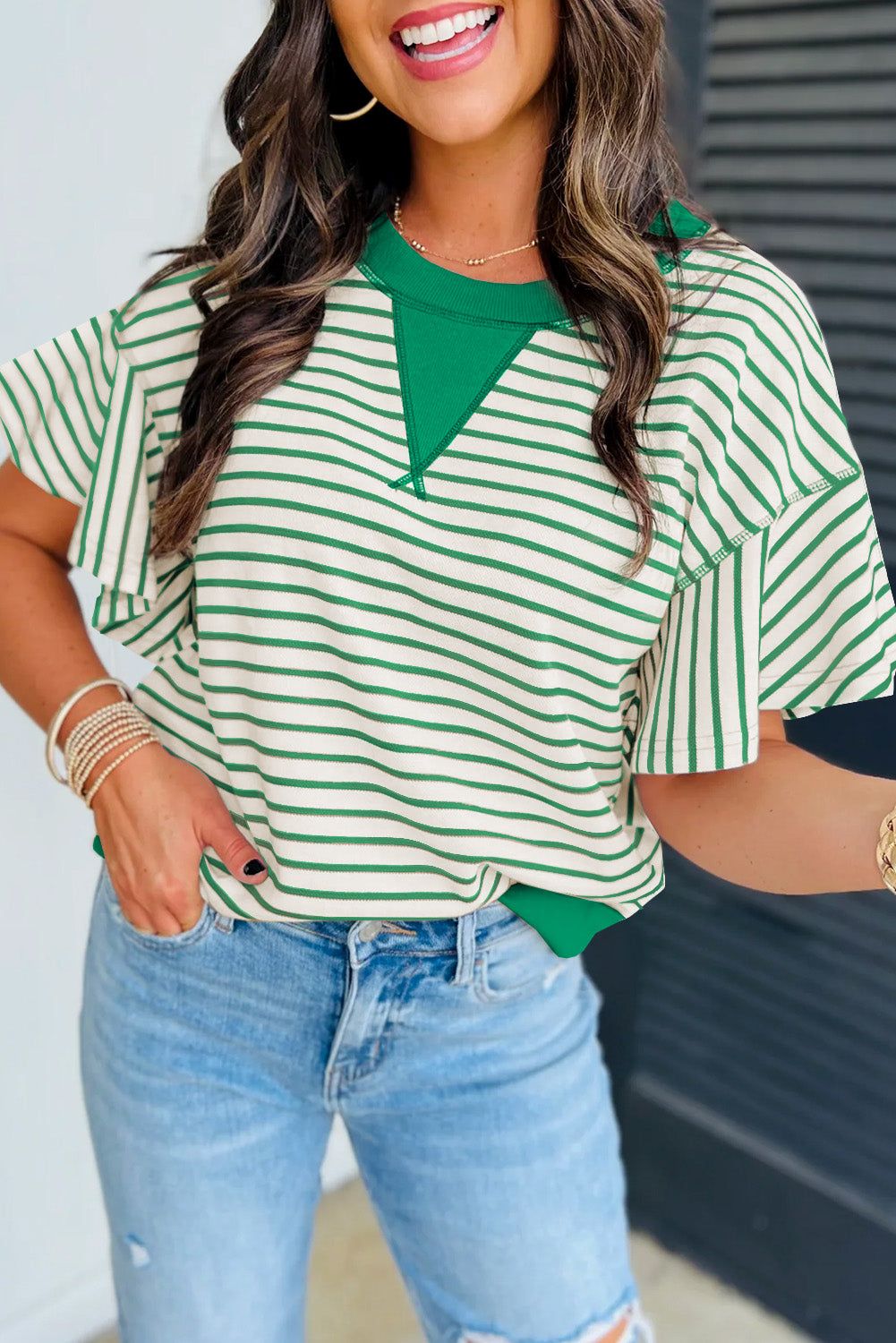 Bright Green Striped Top with Ruffle Short Sleeves