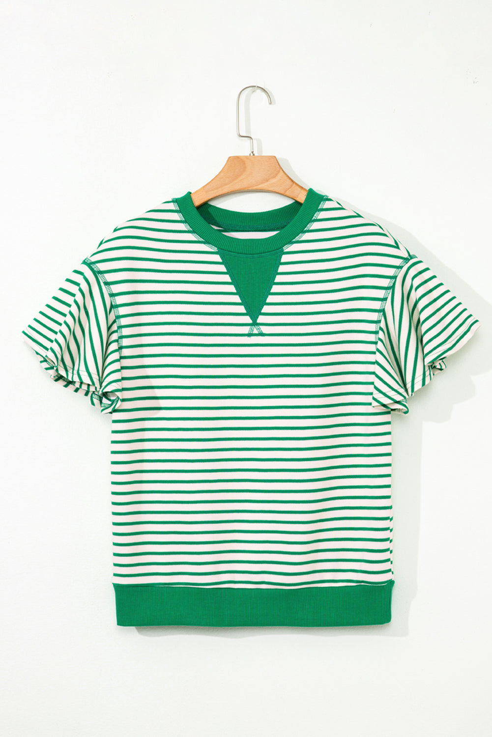 Bright Green Striped Top with Ruffle Short Sleeves