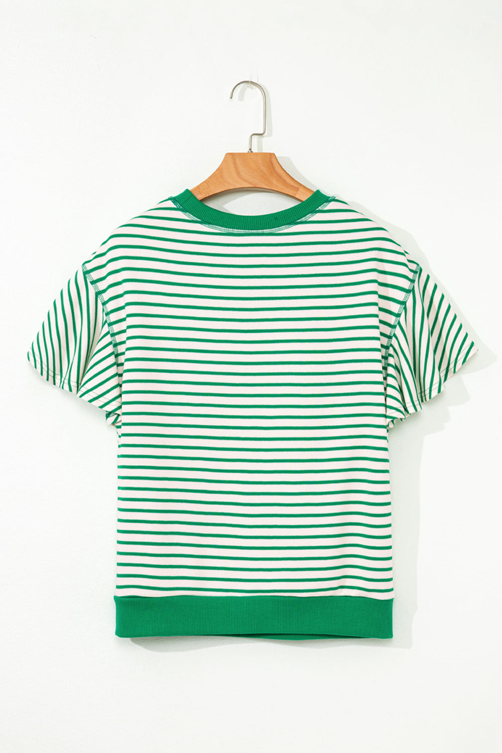 Bright Green Striped Top with Ruffle Short Sleeves