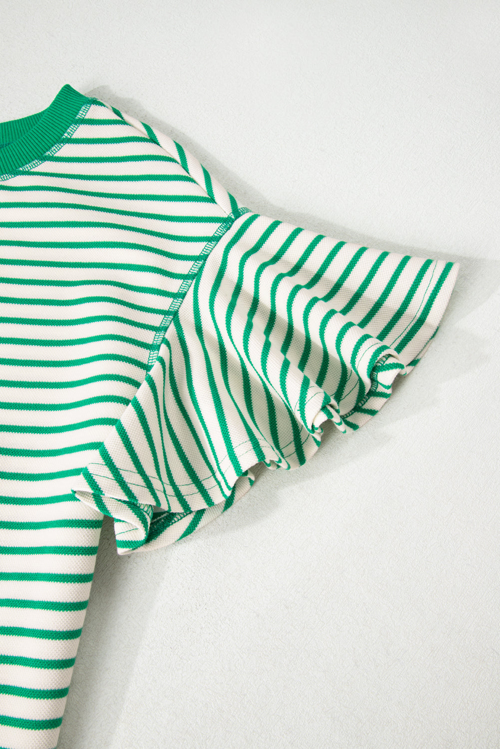 Bright Green Striped Top with Ruffle Short Sleeves